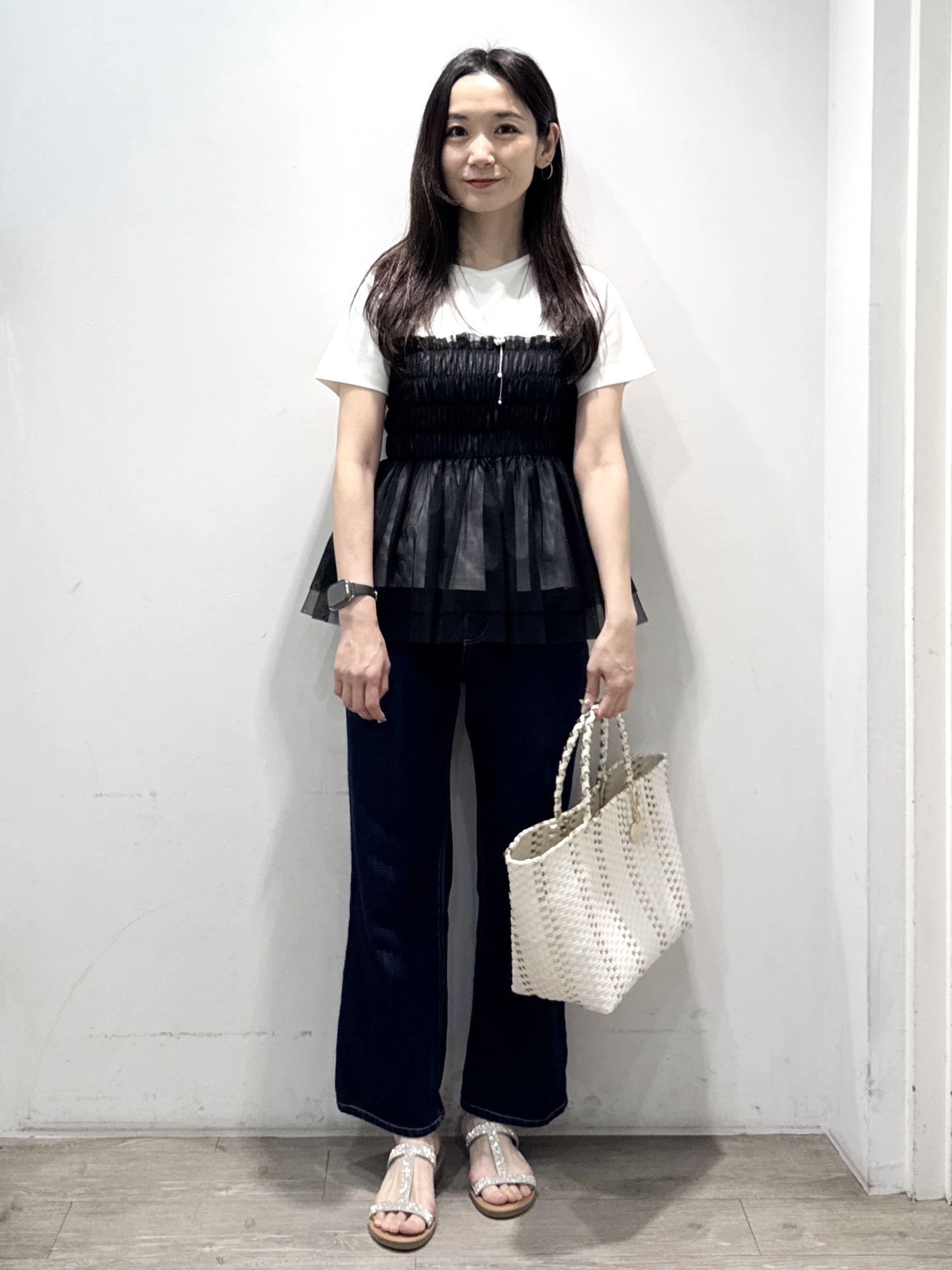 yuicciさんの「OPAQUE.CLIP｜チュールペプラムトップス【洗濯機OK／接触冷感／UVケア】」を使ったコーディネート
