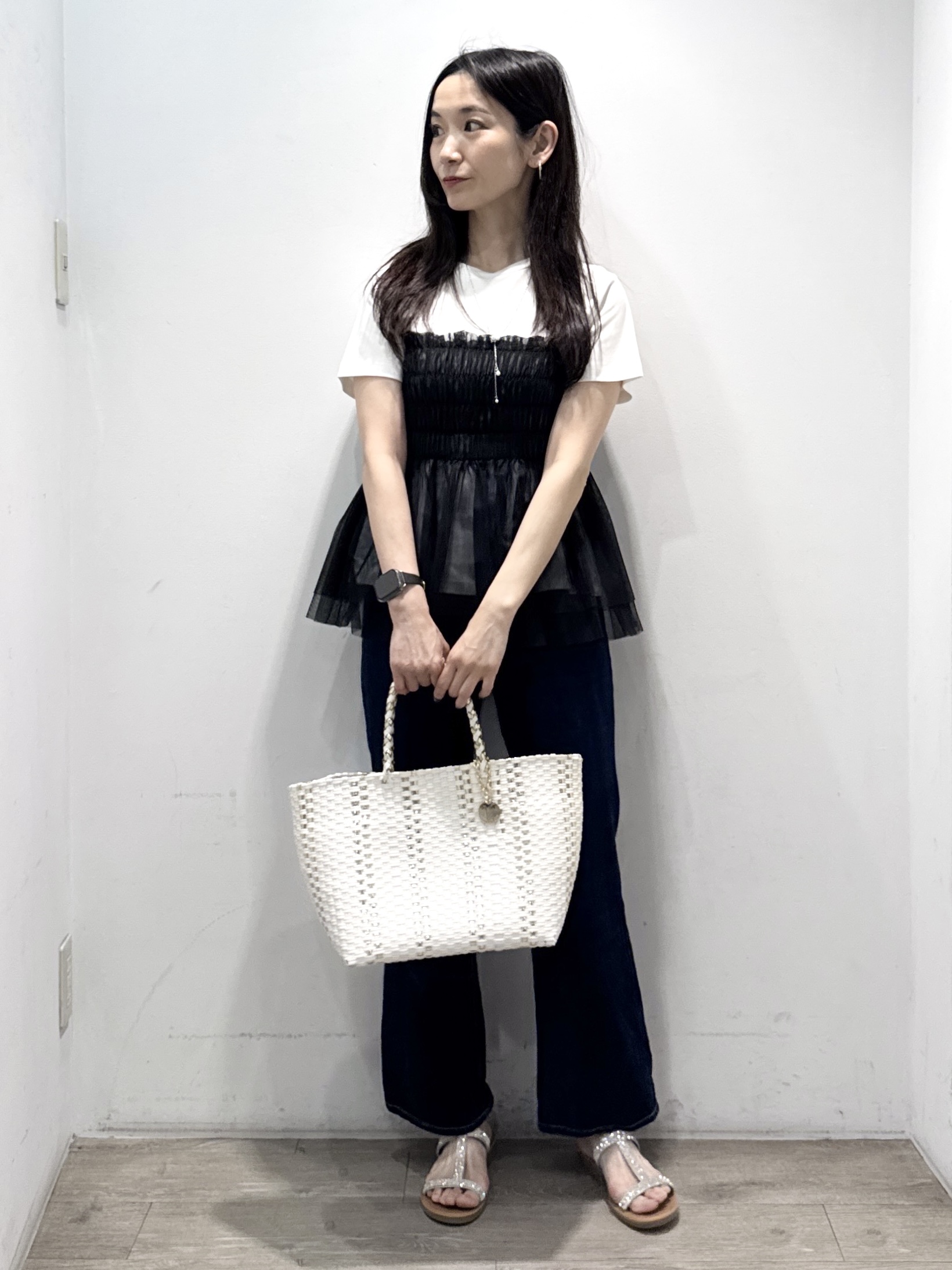 yuicciさんの「OPAQUE.CLIP｜チュールペプラムトップス【洗濯機OK／接触冷感／UVケア】」を使ったコーディネート