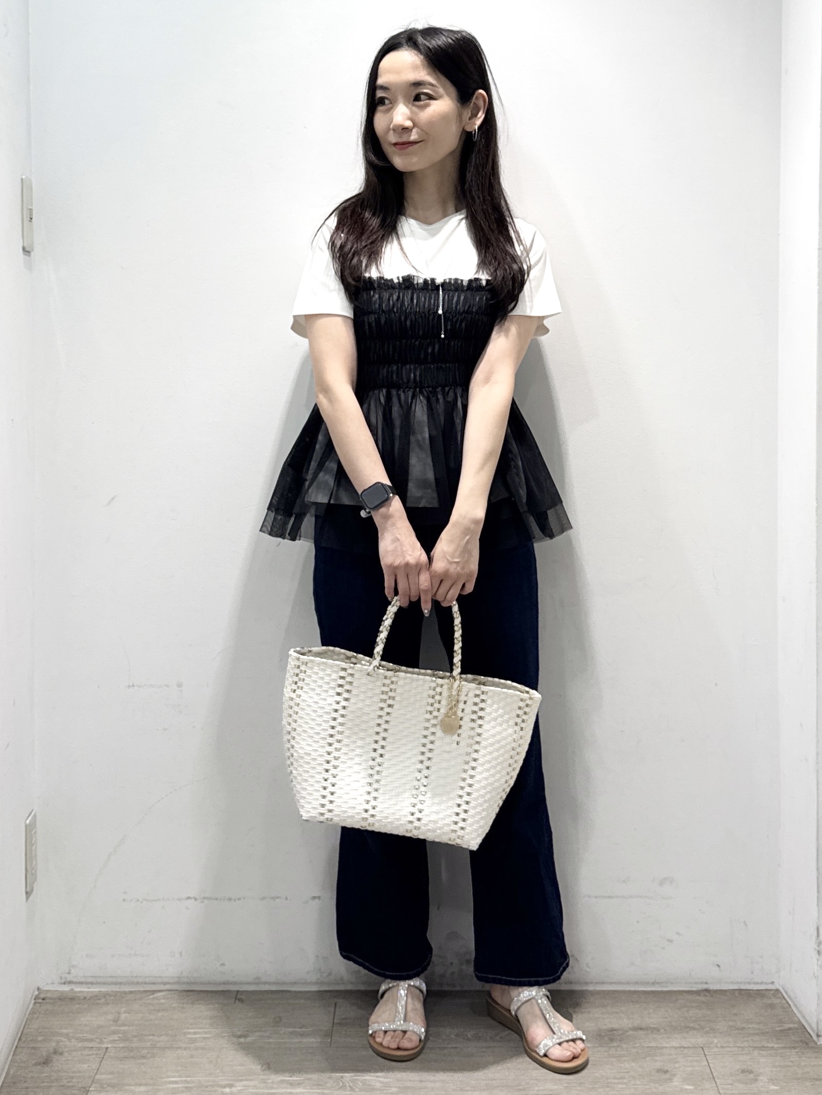yuicciさんの「OPAQUE.CLIP｜チュールペプラムトップス【洗濯機OK／接触冷感／UVケア】」を使ったコーディネート