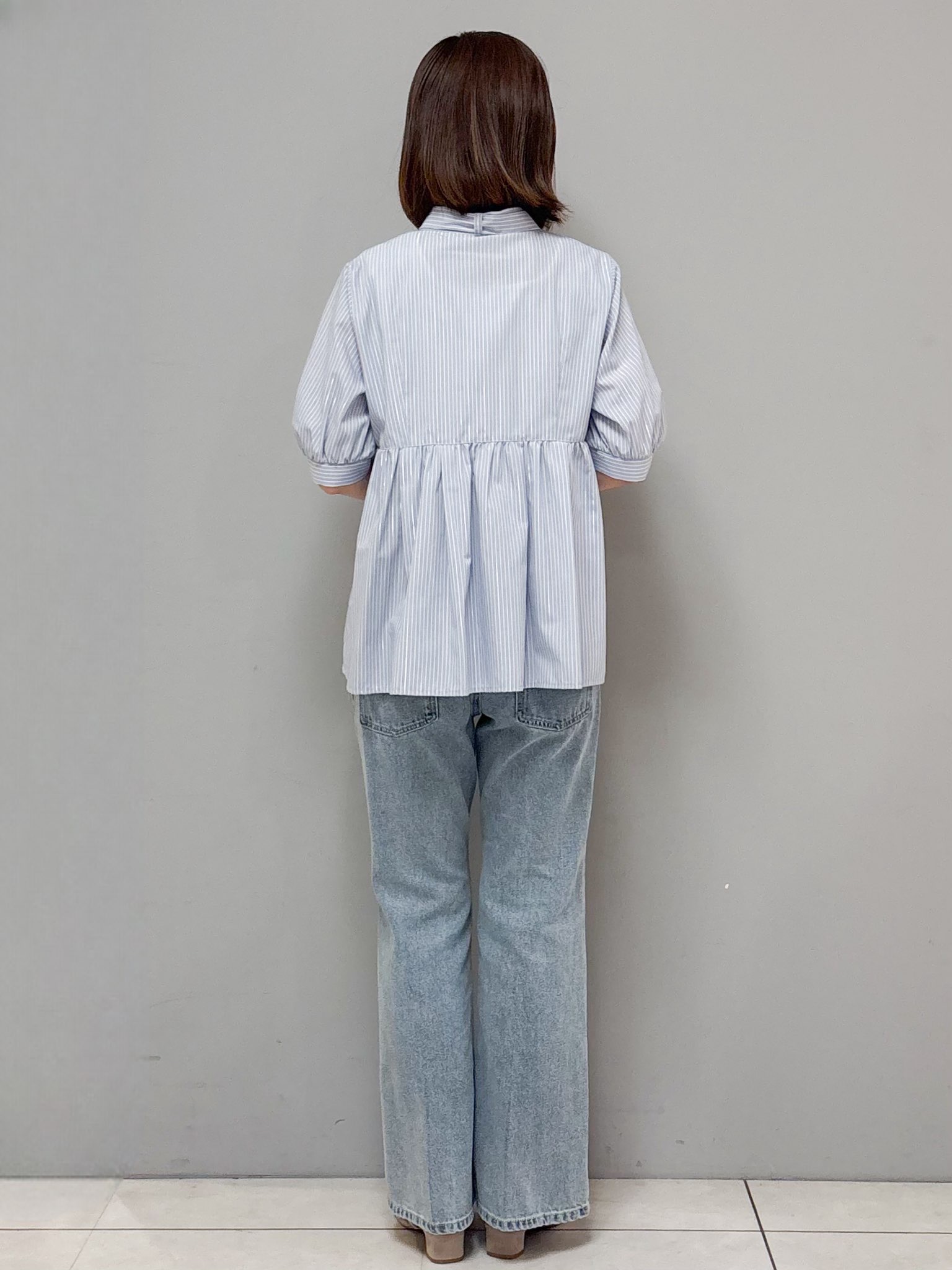 yさんの「OPAQUE.CLIP｜【防シワ】2wayボウタイペプラム5分袖ブラウス《洗濯機OK／イージーアイロン》」を使ったコーディネート