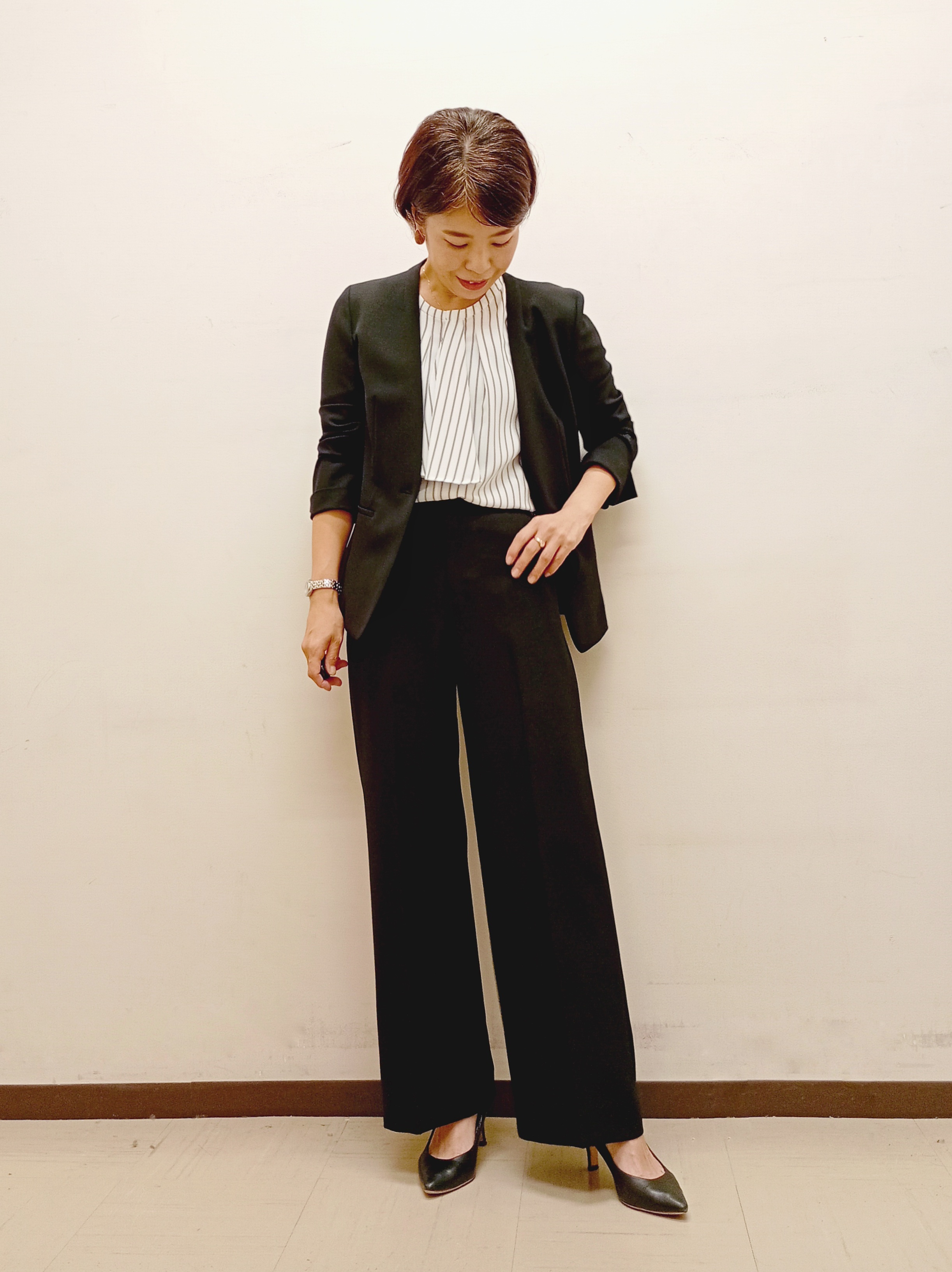 Kさんの「INDIVI｜【洗える／UVケア】ストライプ柄＆無地 ボウタイ風 半袖ブラウス」を使ったコーディネート