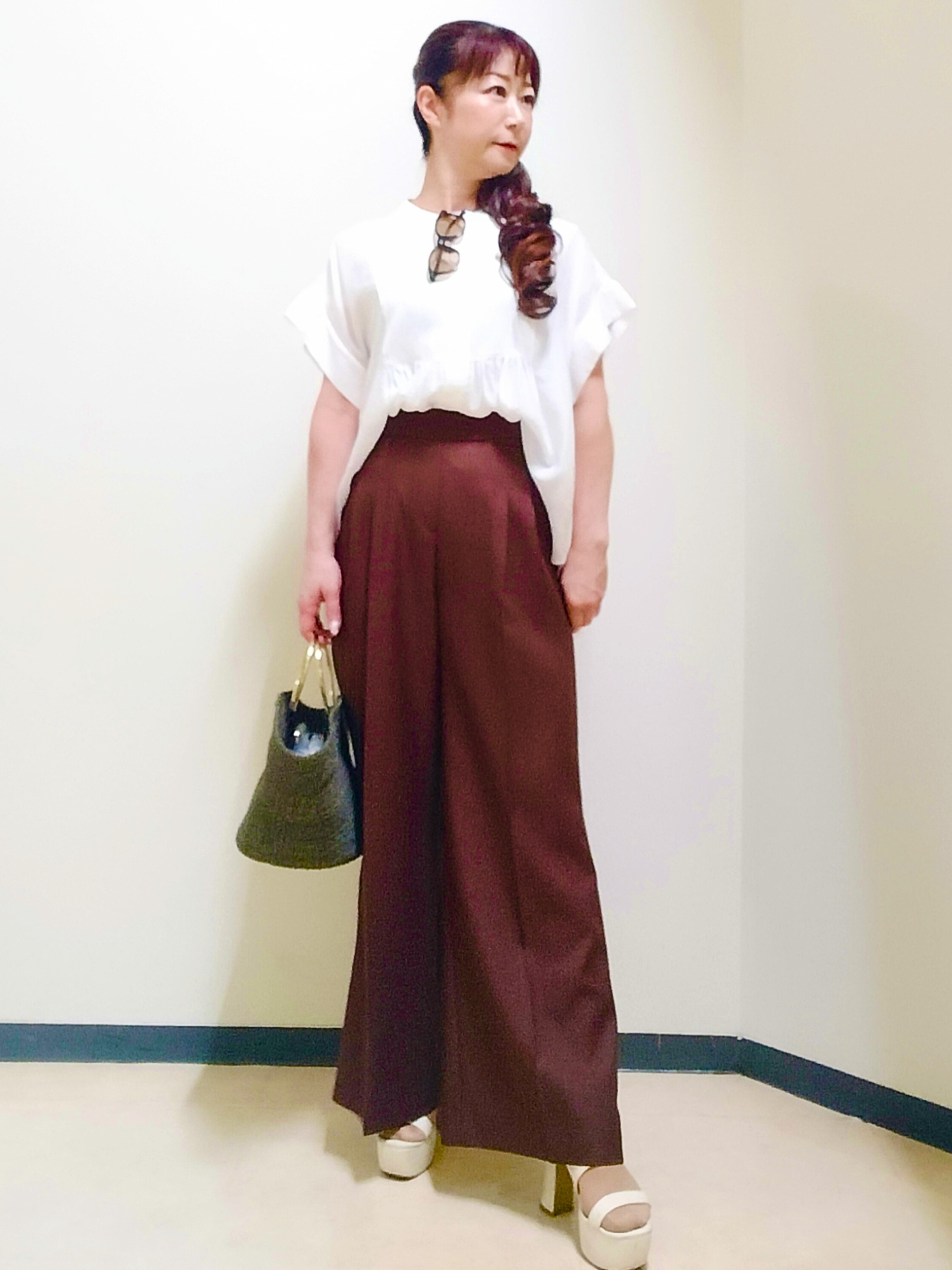 花さんの「Reflect｜ドビーストライプドルマンスリーブブラウス」を使ったコーディネート