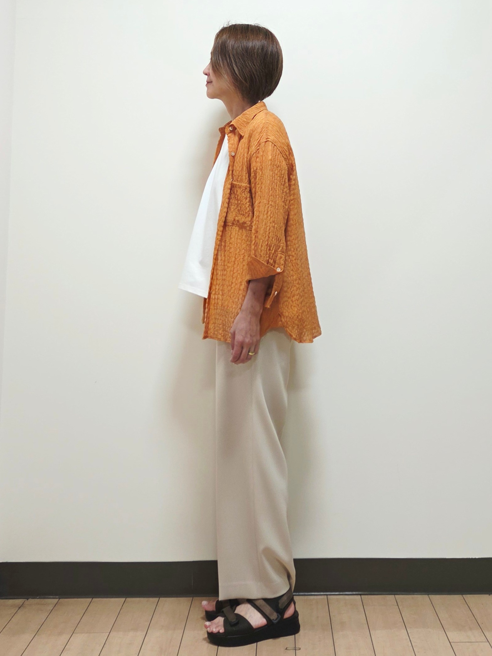 yuuさんの「Reflect｜【羽織にも◎／セットアップ可】八分袖シアーシャツ」を使ったコーディネート
