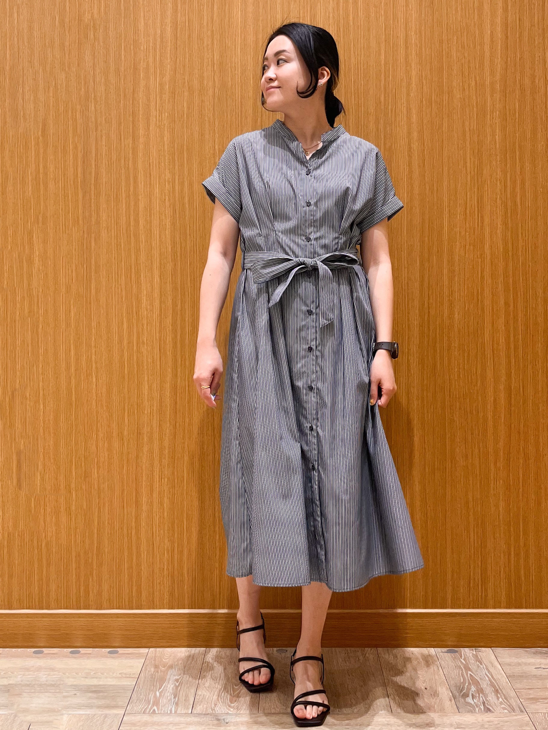 aさんの「OPAQUE.CLIP｜【接触冷感／UV】ストライプタックシャツワンピース《洗濯機OK》」を使ったコーディネート