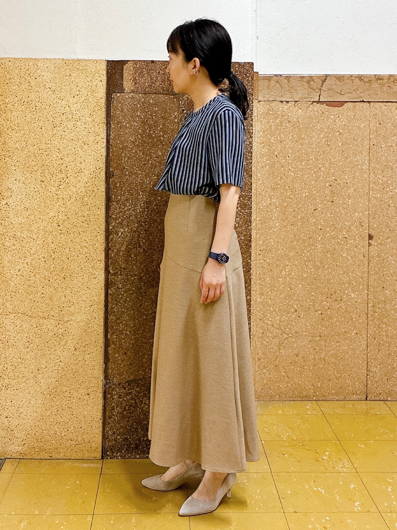 hattoriさんの「INDIVI｜【洗える／UVケア】ストライプ柄＆無地 ボウタイ風 半袖ブラウス」を使ったコーディネート