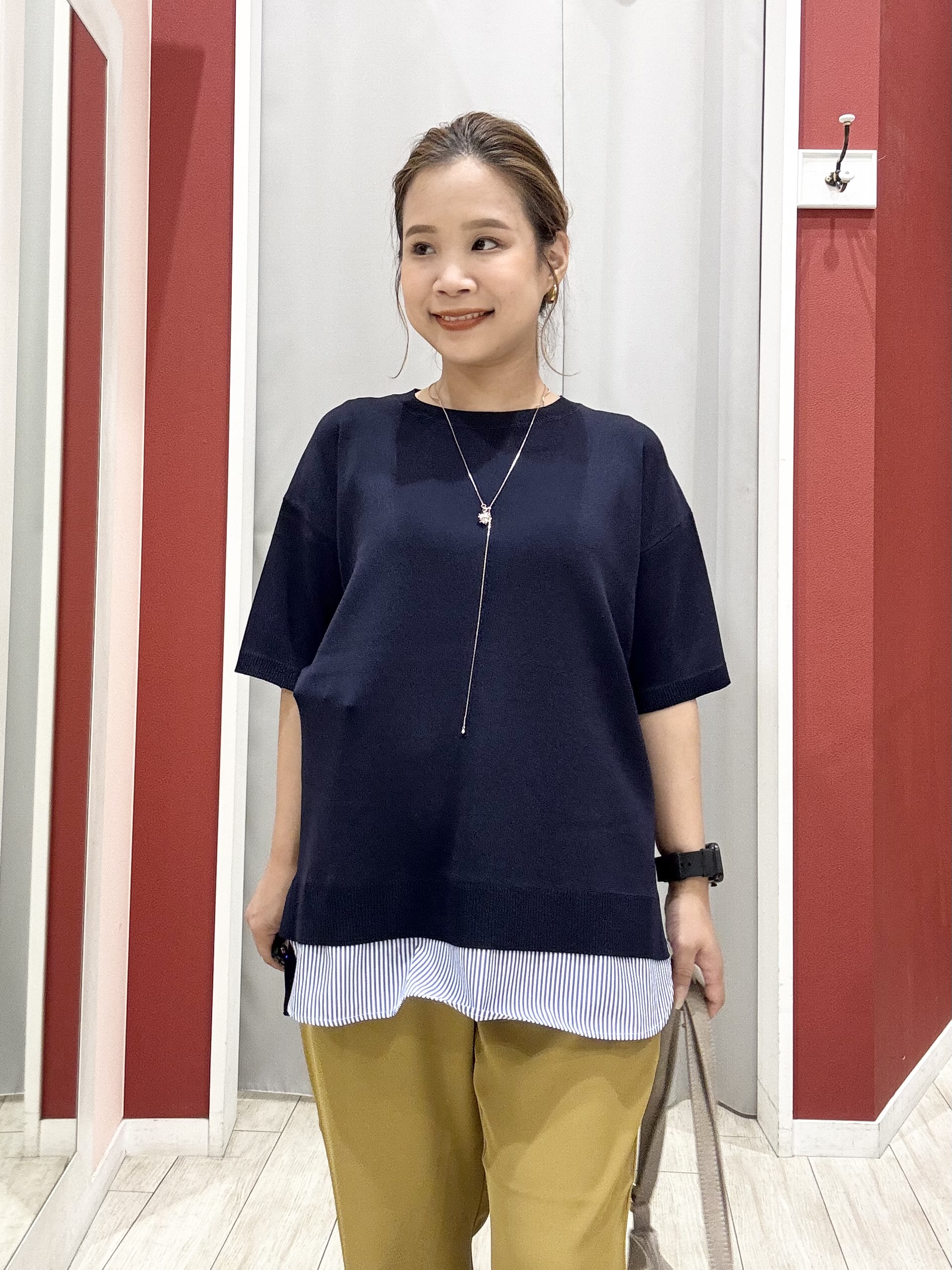 shioさんの「SHOO･LA･RUE｜【ひんやり/UV/洗濯機可/S-LL】毛玉になりにくい シャツレイヤード風半袖ニット」を使ったコーディネート