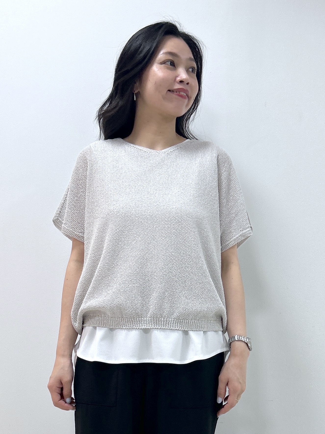 Kaiさんの「Dessin｜【洗える】透かし編みデザインニット半袖」を使ったコーディネート
