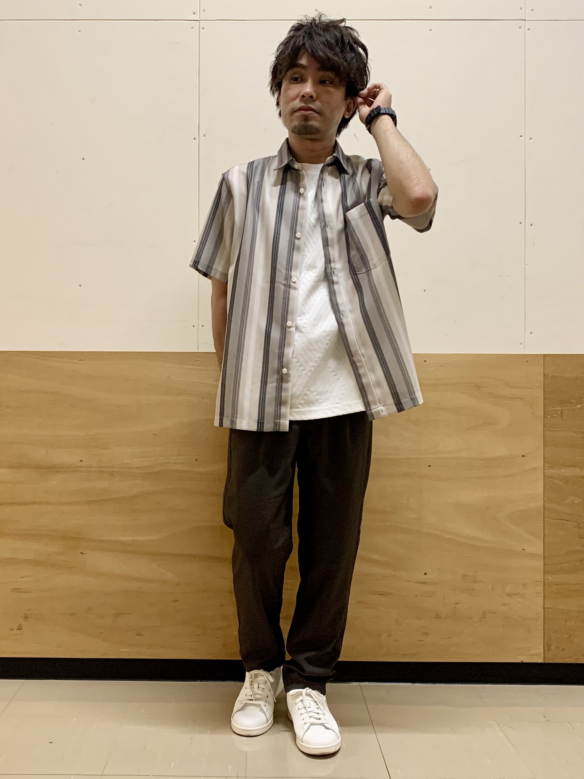 MATUさんの「THE SHOP TK｜メッシュ ストライプ半袖シャツ 洗濯機OK／通気性◎」を使ったコーディネート