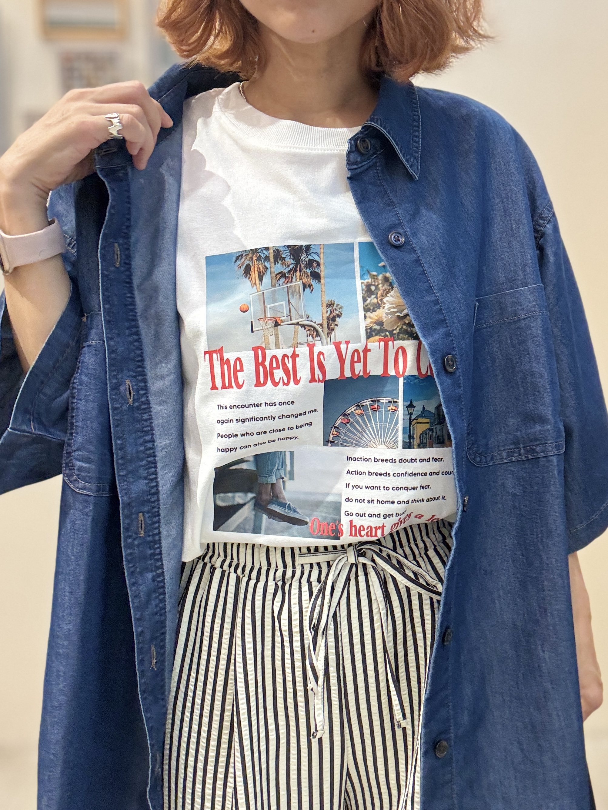 たけぴさんの「SHOO･LA･RUE｜【セットアップ可/S-LL】ライトオンスデニム 5分袖シャツ」を使ったコーディネート