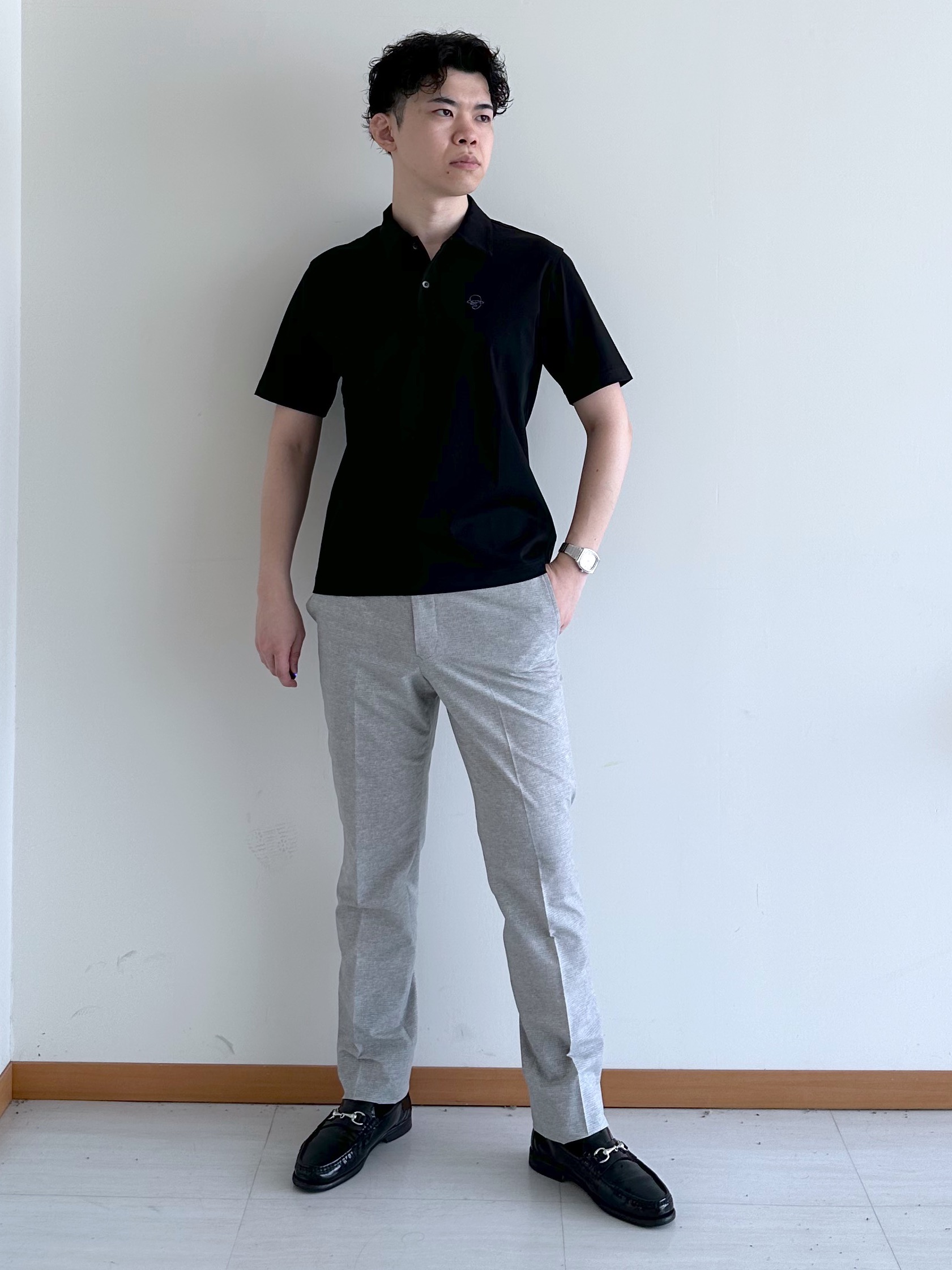イッシーさんの「TAKEO KIKUCHI｜【接触冷感】アイスクリアコットン ワンポイント ポロシャツ」を使ったコーディネート