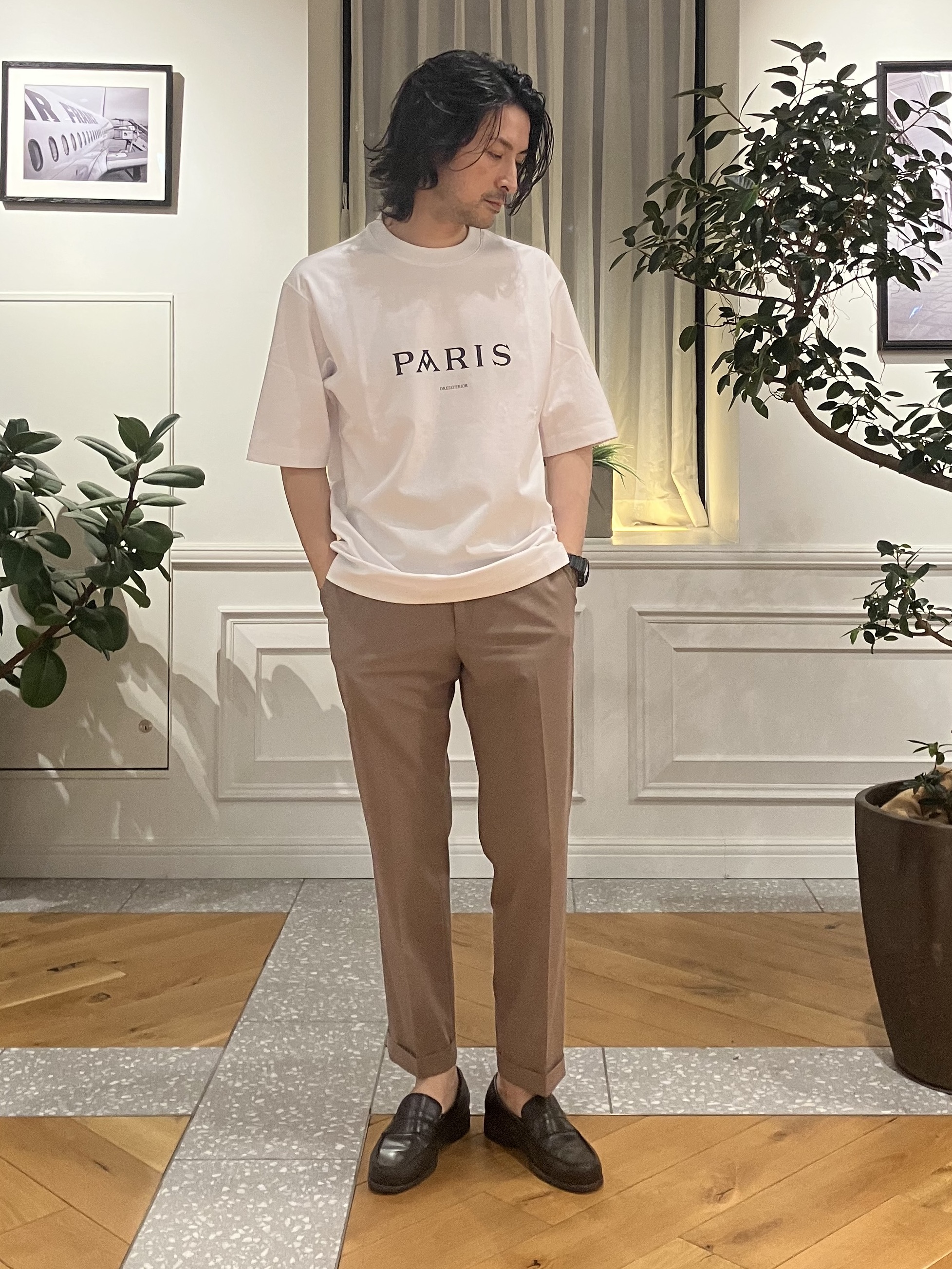 junyaさんの「DRESSTERIOR｜【接触冷感／UVカット／抗菌防臭／しわ防止】クールデオドラント ロゴTシャツ」を使ったコーディネート