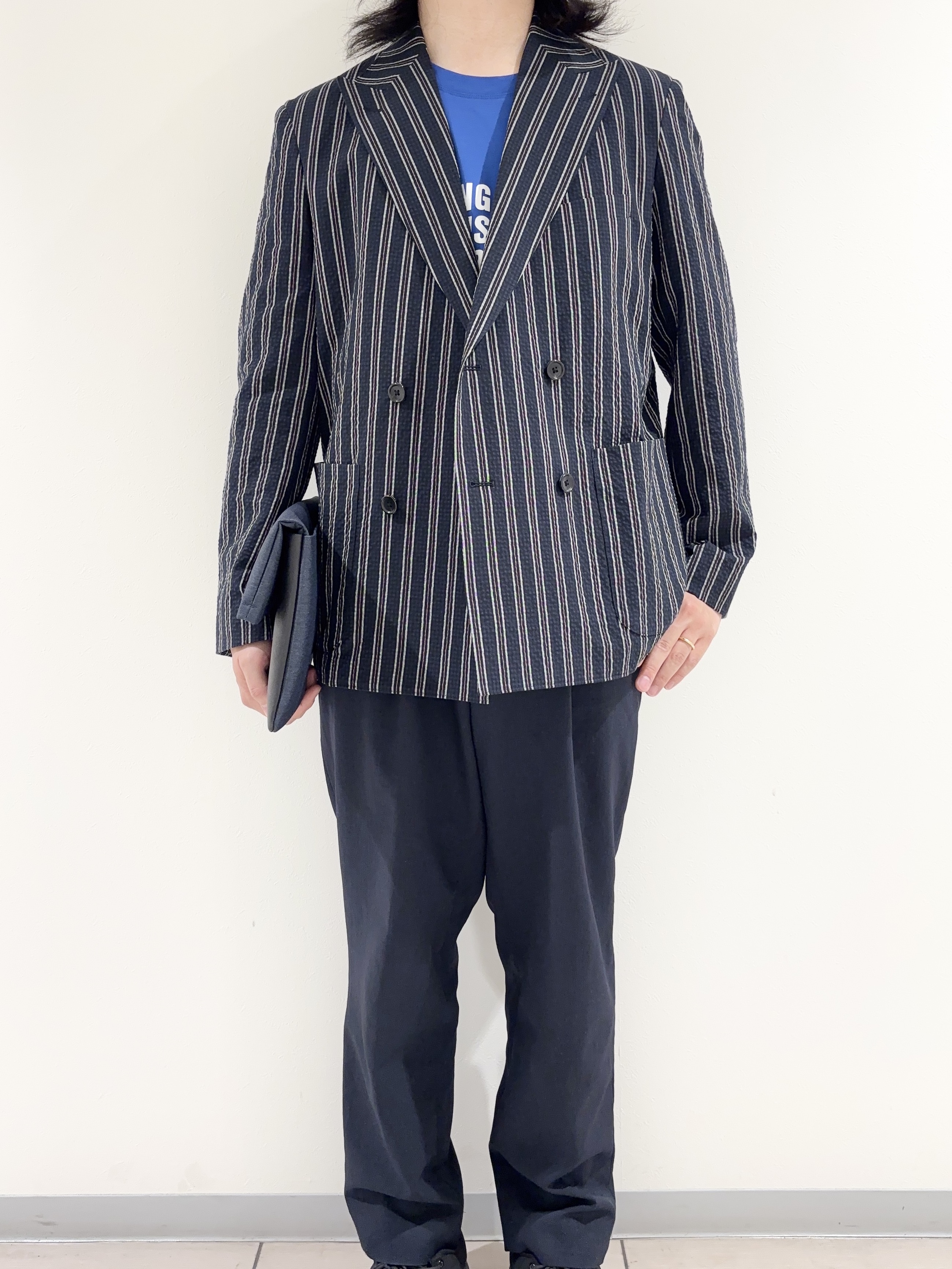及川さんの「TAKEO KIKUCHI｜【BOWLER HAT LABEL】サッカーストライプ ダブルジャケット」を使ったコーディネート