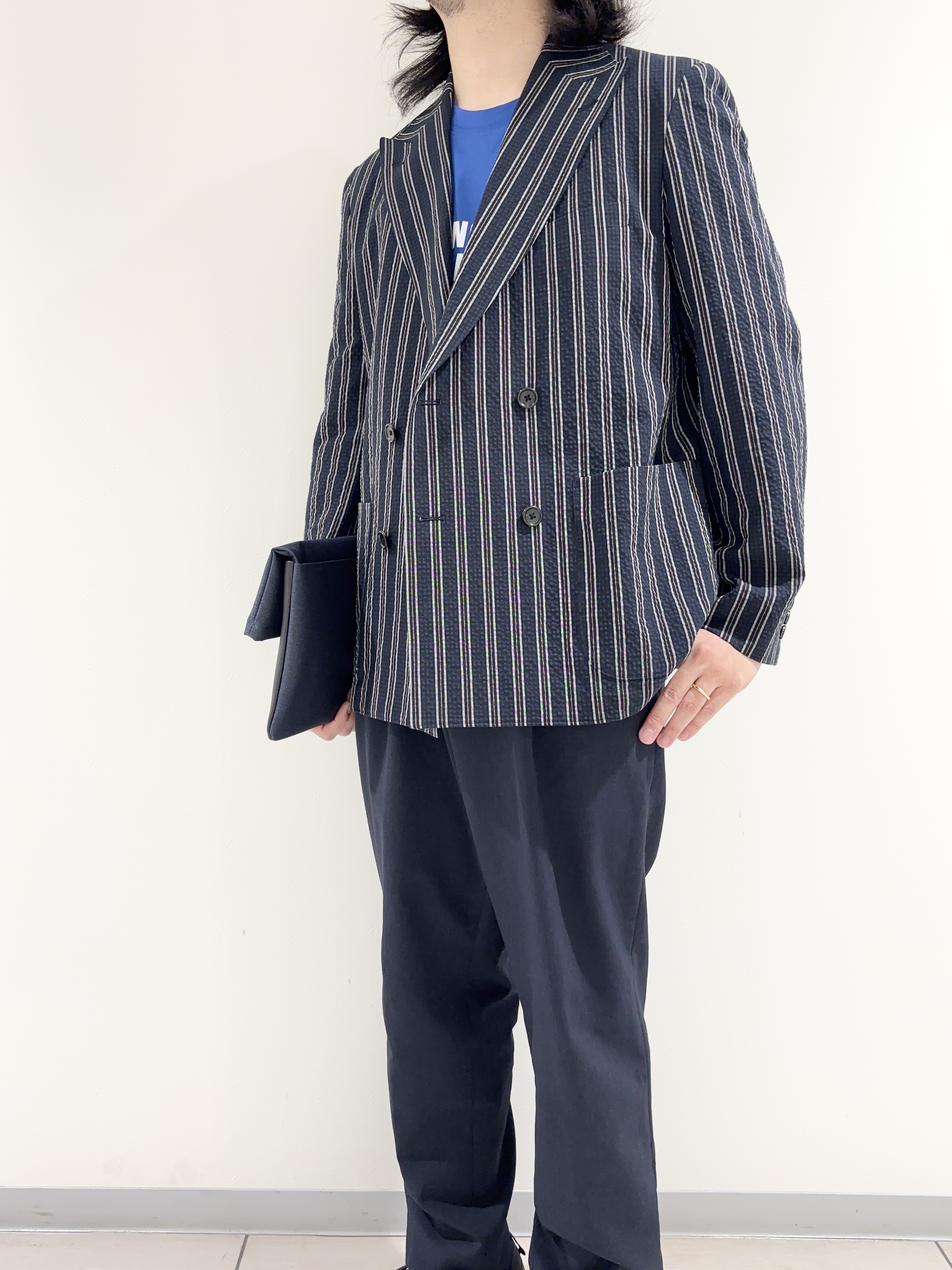 及川さんの「TAKEO KIKUCHI｜【BOWLER HAT LABEL】サッカーストライプ ダブルジャケット」を使ったコーディネート