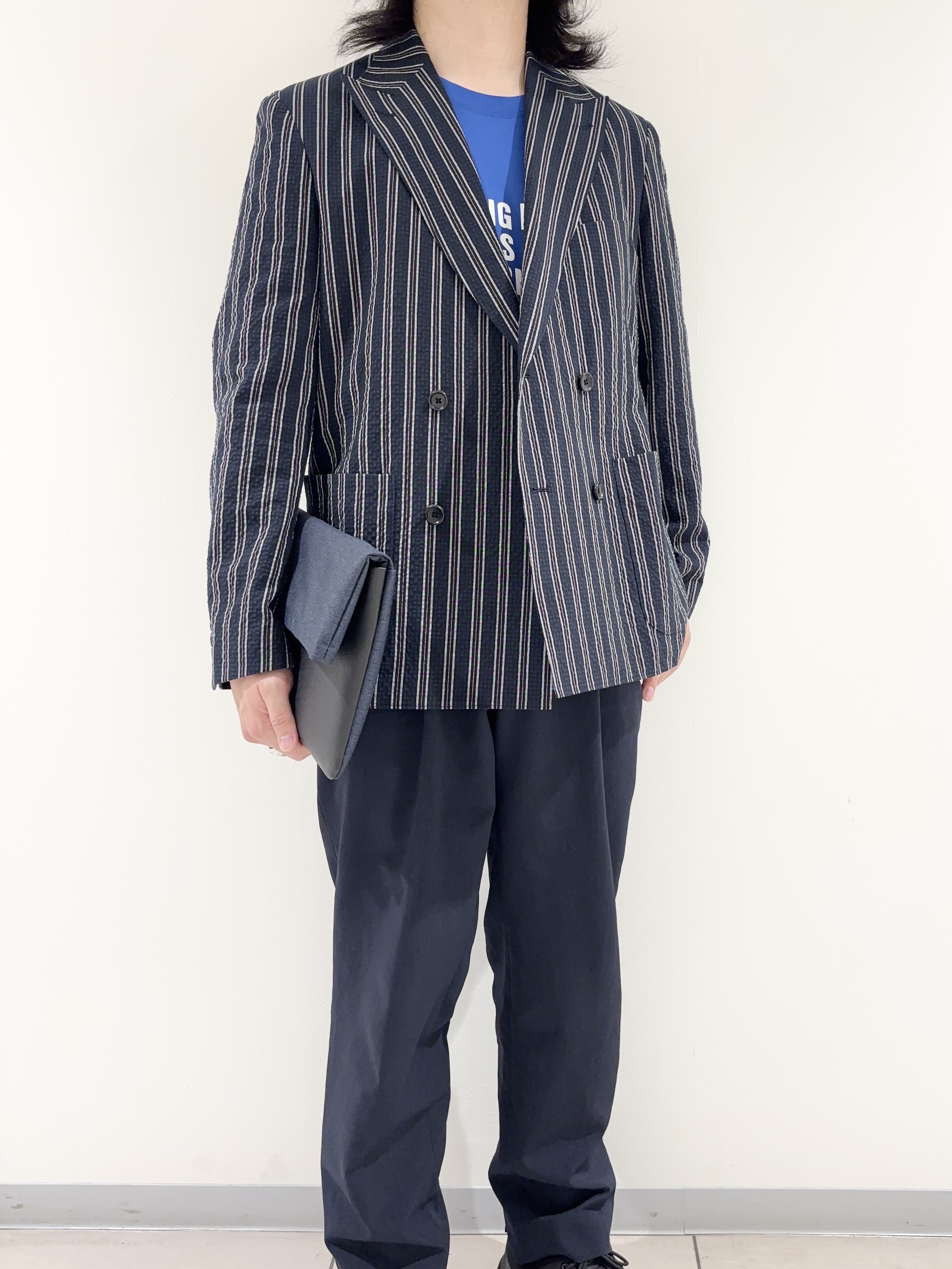 及川さんの「TAKEO KIKUCHI｜【BOWLER HAT LABEL】サッカーストライプ ダブルジャケット」を使ったコーディネート