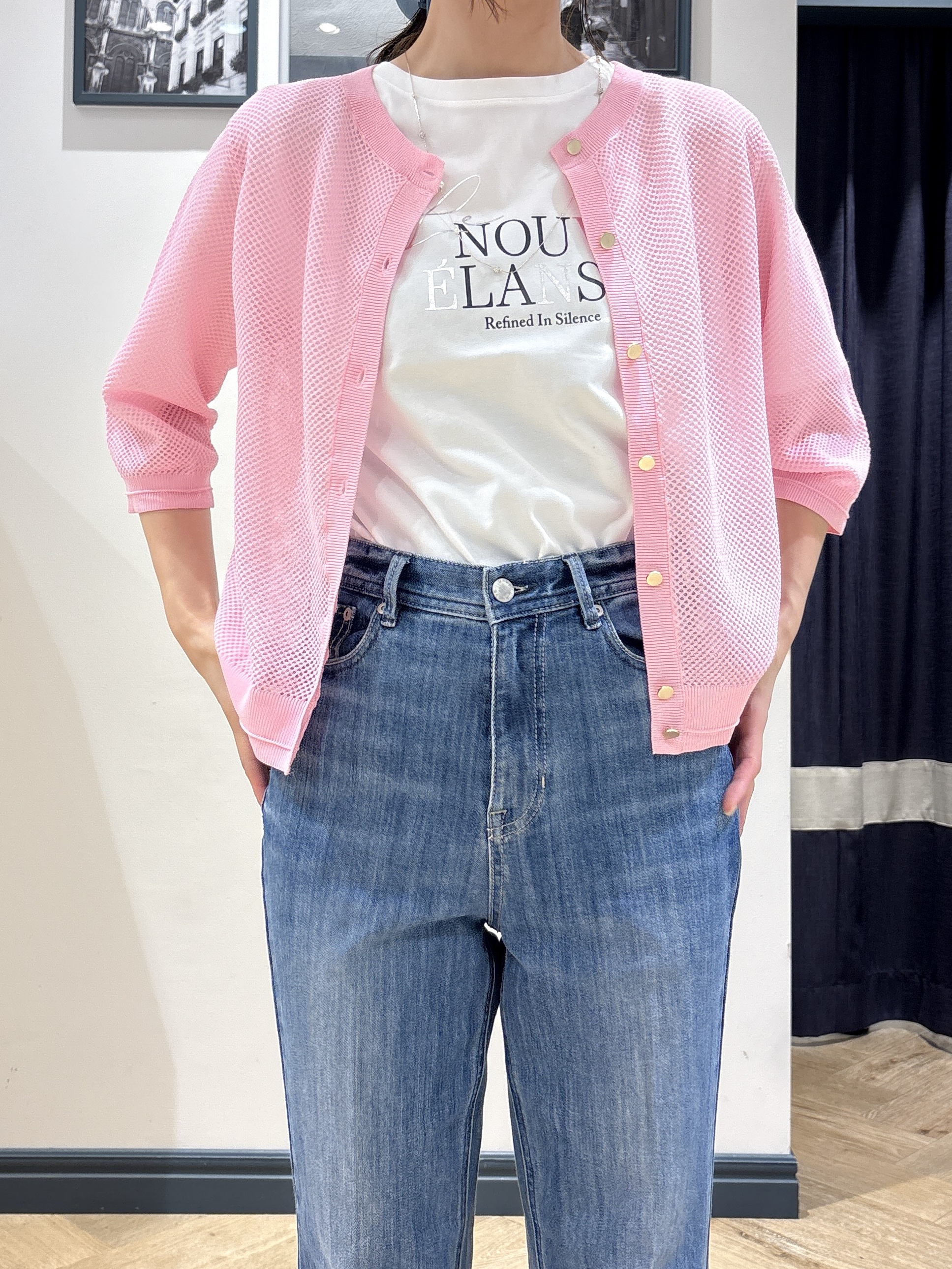ayakaさんの「grove｜【貴島明日香さん着用・洗える】透けない、大人のメッシュカーディガン」を使ったコーディネート
