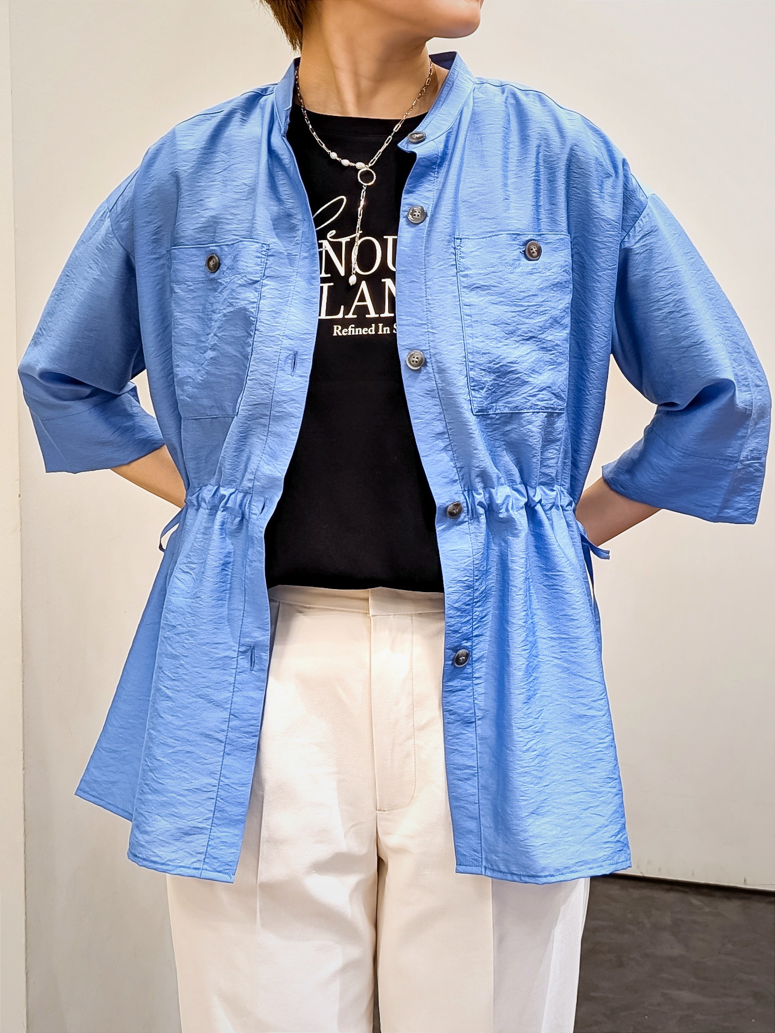 やまちゃんさんの「grove｜5分袖ver登場！【体型カバー・洗える】シアーサファリシャツジャケット」を使ったコーディネート