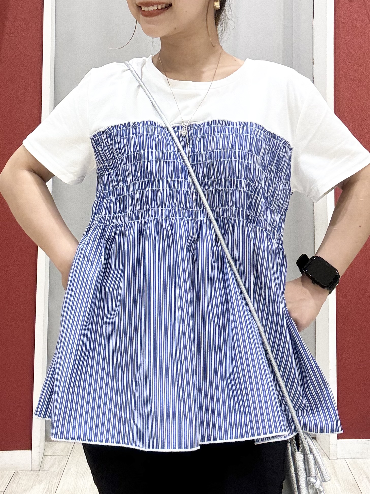 shioさんの「SHOO･LA･RUE｜【S-LL/洗濯機可/体型カバー】インせずサマ見え ビスチェ風異素材ドッキングTシャツ」を使ったコーディネート