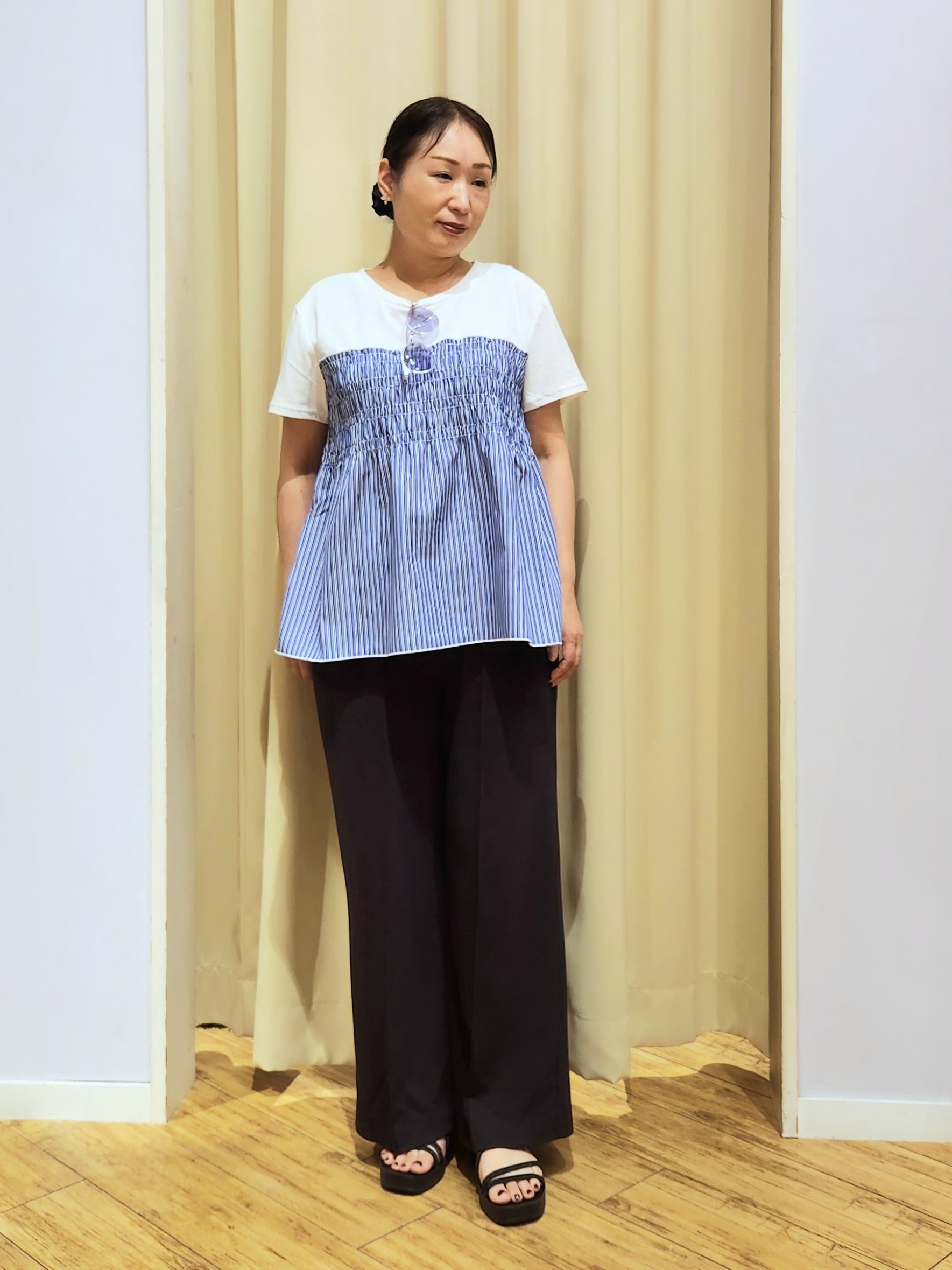 くまさんの「SHOO･LA･RUE｜【S-LL/洗濯機可】着るだけサマ見え 柄アソートビスチェ風ドッキングTシャツ」を使ったコーディネート