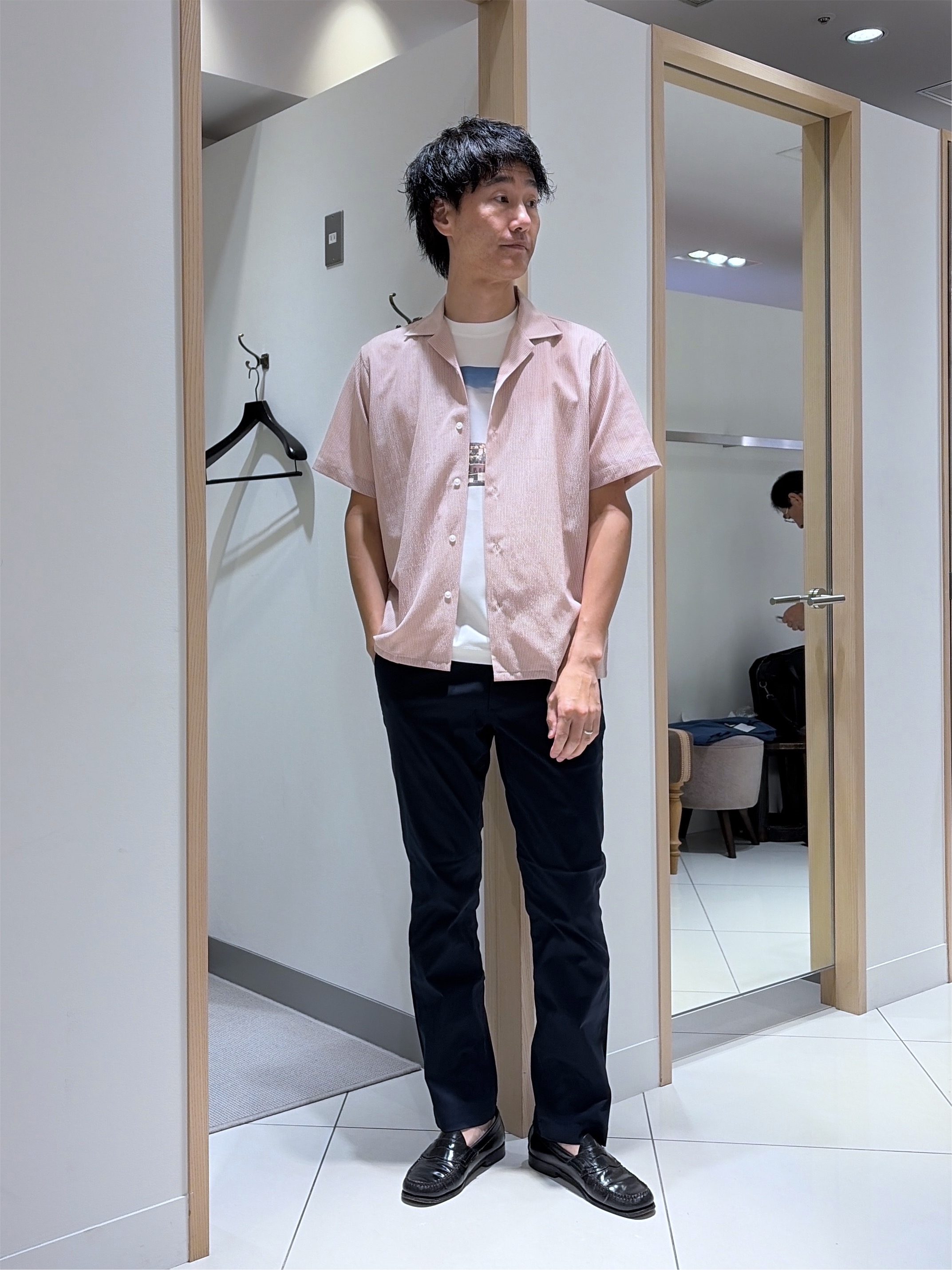 mutoさんの「TAKEO KIKUCHI｜【通気性】トリコットサッカー オープンカラー シャツ」を使ったコーディネート