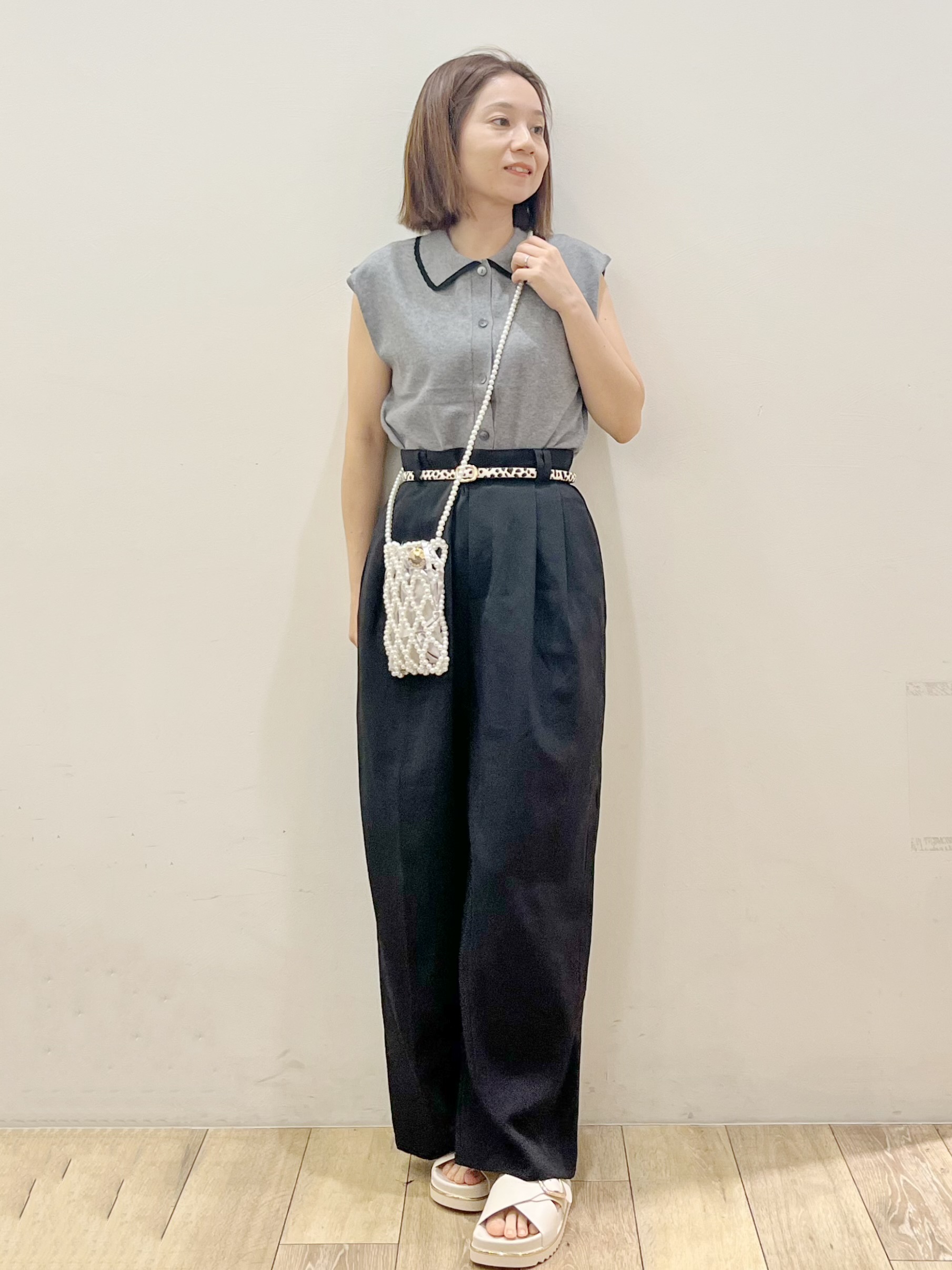 kcさんの「OPAQUE.CLIP｜配色衿フレンチスリーブニット【洗濯機OK】」を使ったコーディネート