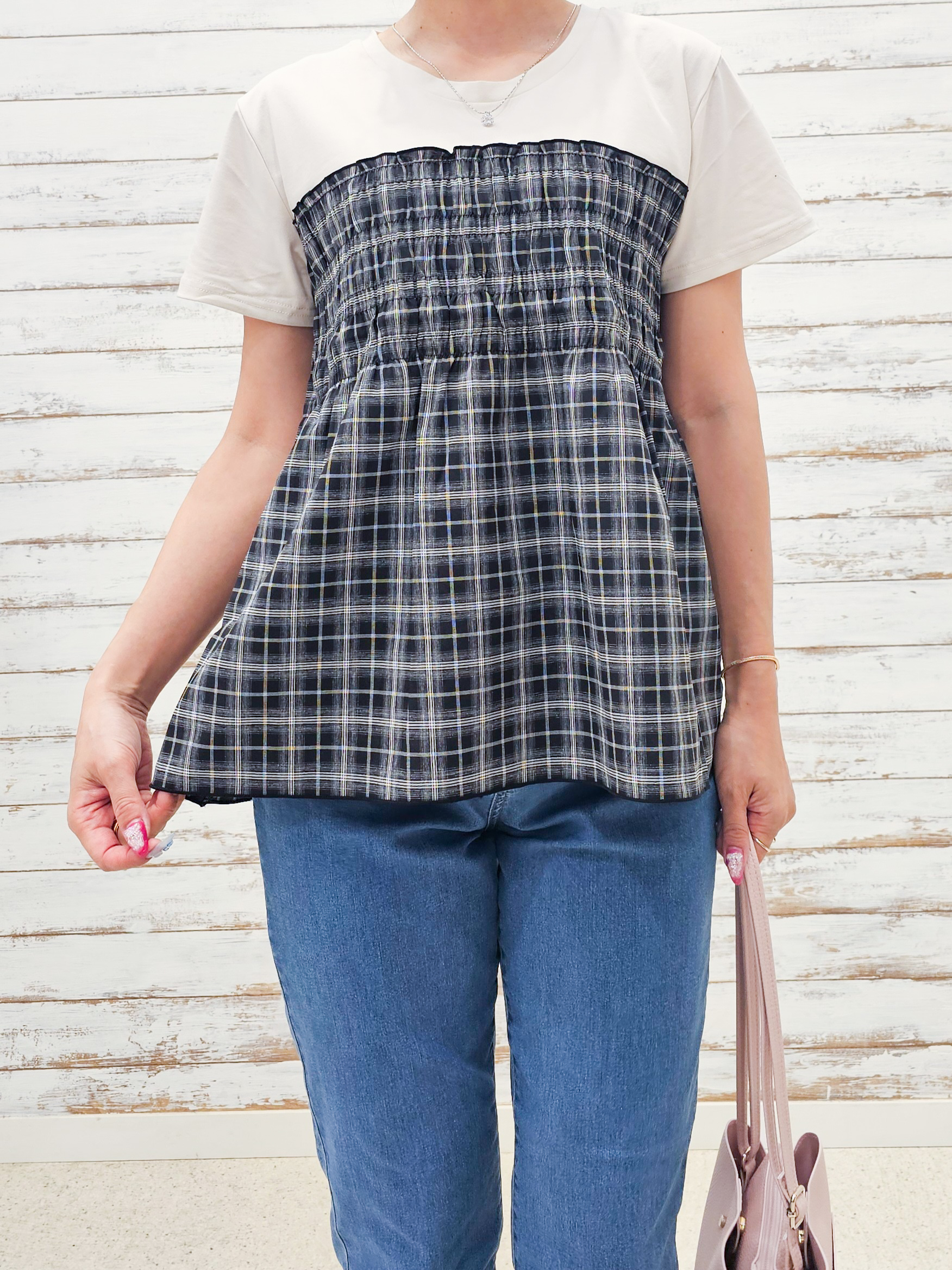 ゆゆさんの「SHOO･LA･RUE｜【S-LL/洗濯機可】着るだけサマ見え 柄アソートビスチェ風ドッキングTシャツ」を使ったコーディネート