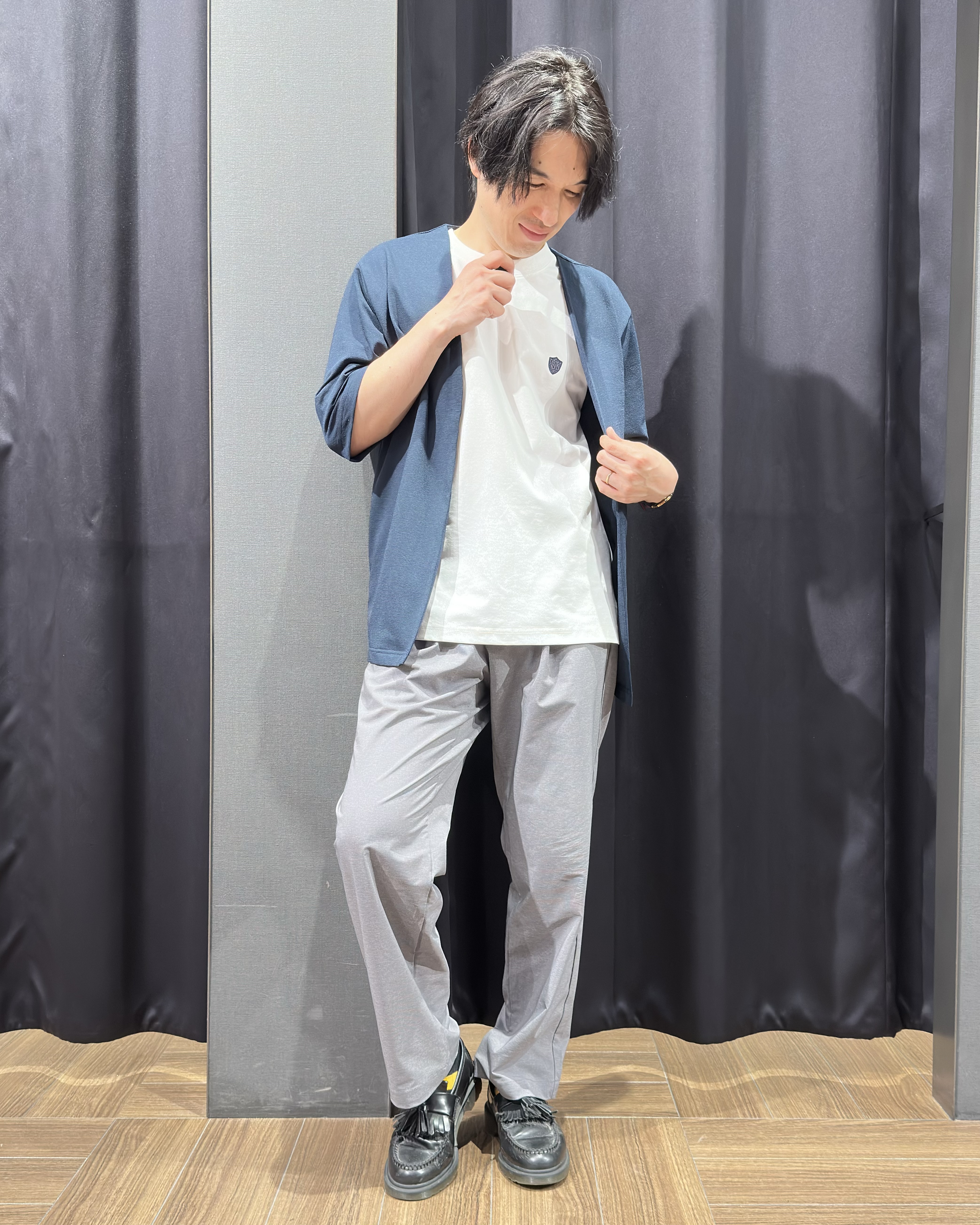 tomoyaさんの「THE SHOP TK｜メッシュ五分袖カーディガン＋半袖Tシャツ セットアイテム 洗濯機OK」を使ったコーディネート