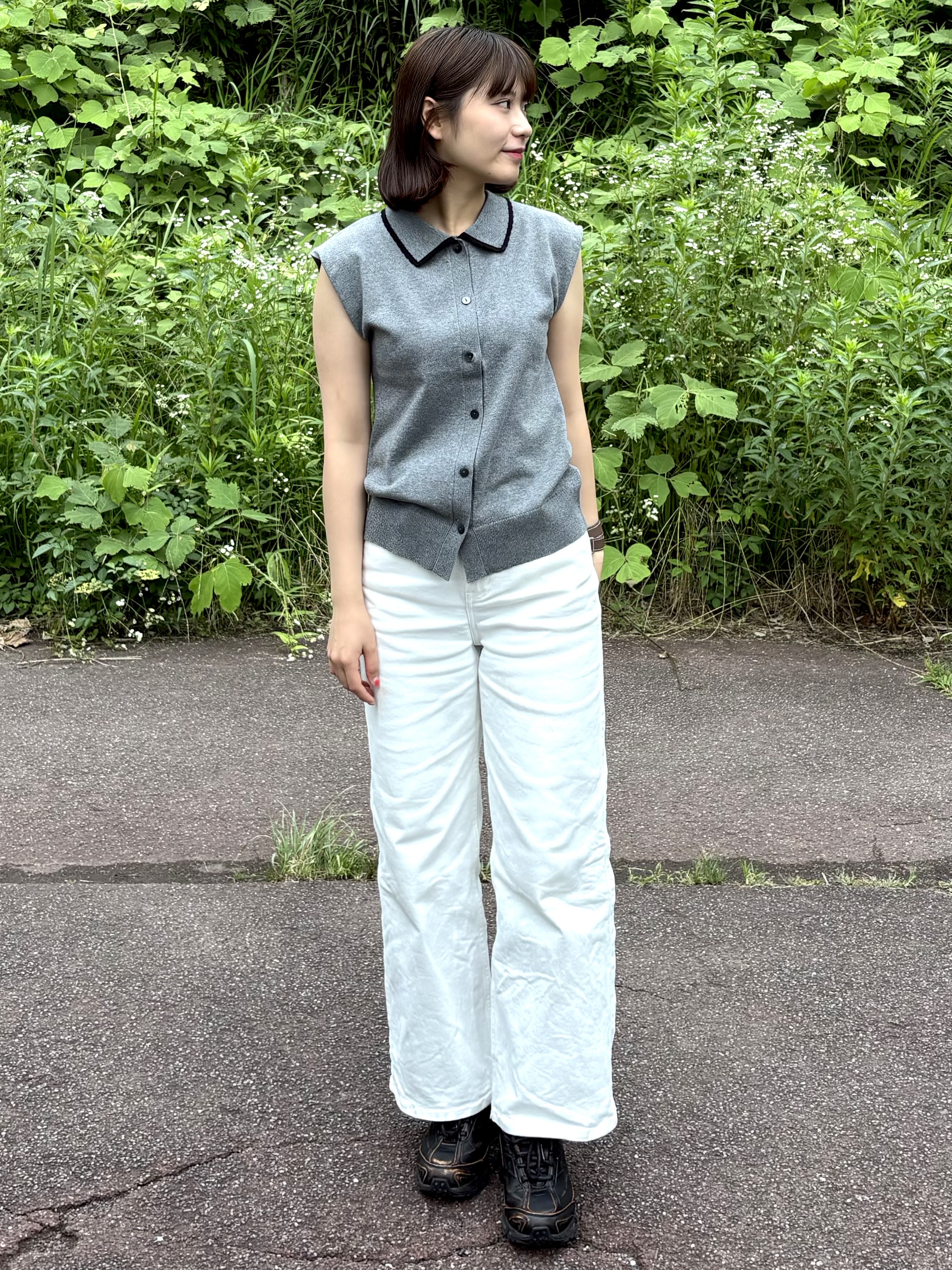 Itoさんの「OPAQUE.CLIP｜配色衿フレンチスリーブニット【洗濯機OK】」を使ったコーディネート