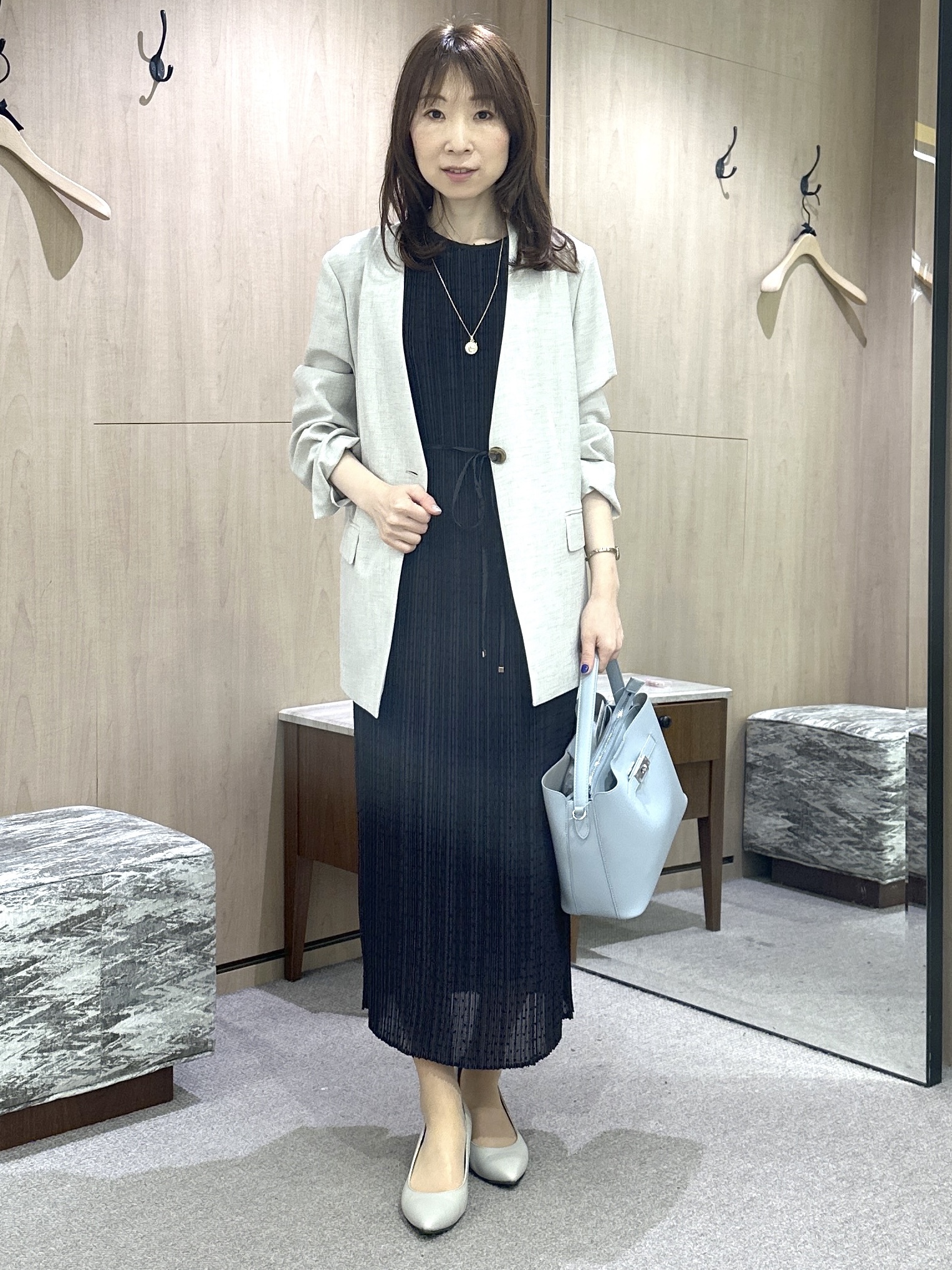 Miwaさんの「UNTITLED｜【さらりと快適/セットアップ可/UV/接触冷感】スラブカラーレスジャケット」を使ったコーディネート