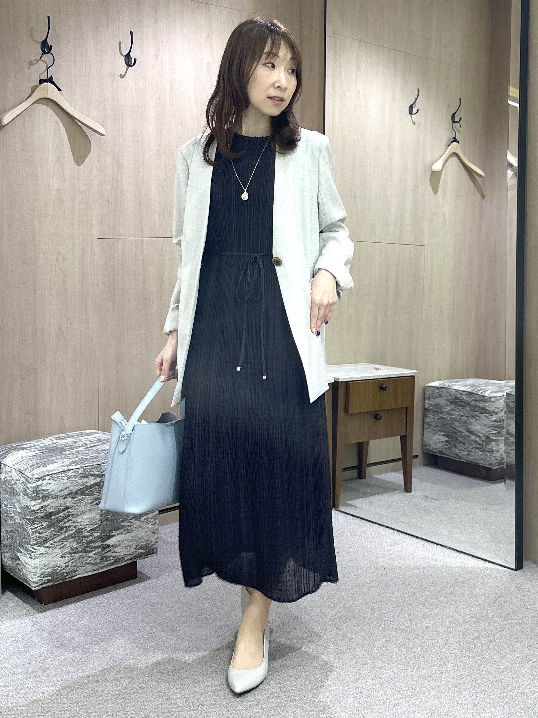 Miwaさんの「UNTITLED｜【さらりと快適/セットアップ可/UV/接触冷感】スラブカラーレスジャケット」を使ったコーディネート