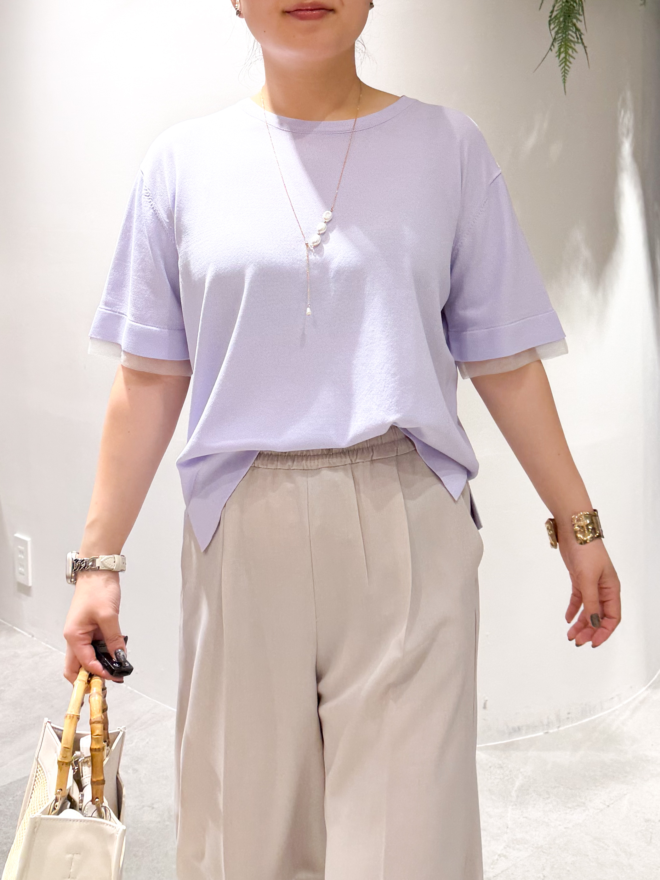 かりんさんの「OPAQUE.CLIP｜【UV／接触冷感／抗ピル】シアー＆レイヤード風さらりニット《洗濯機OK》」を使ったコーディネート