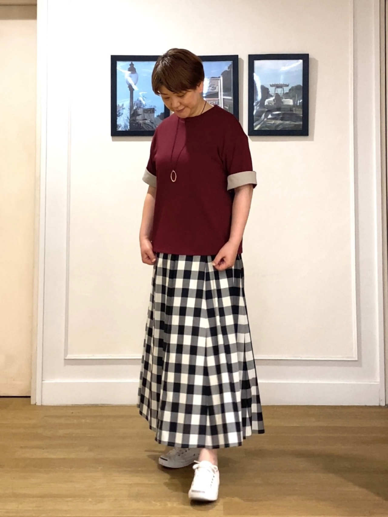 Hiroさんの「Dessin｜【汗シミ防止/UVカット】配色スリーブ 五分袖プルオーバー」を使ったコーディネート