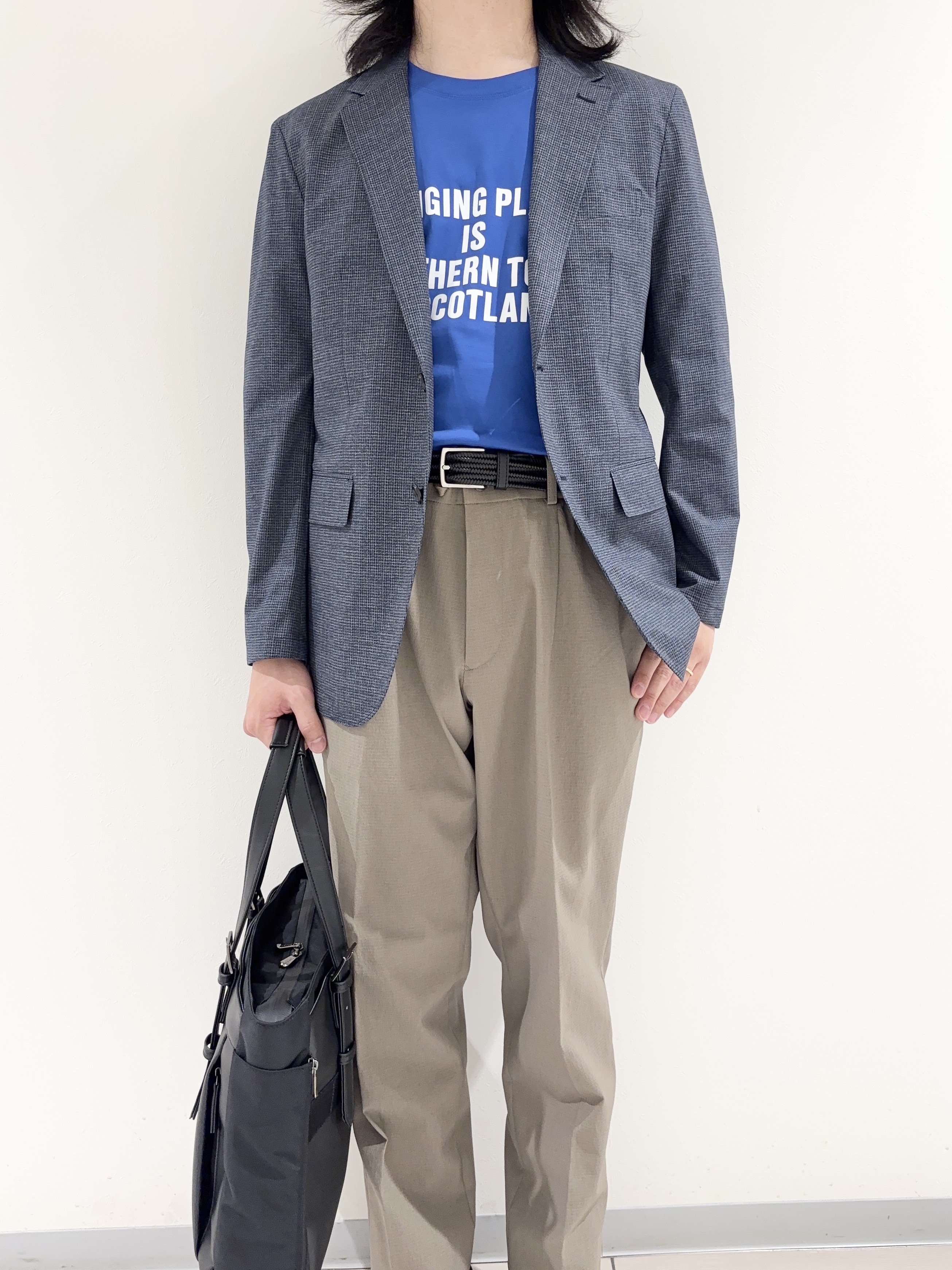 及川さんの「TAKEO KIKUCHI｜【通気性】ジャージ千鳥柄 ジャケット」を使ったコーディネート