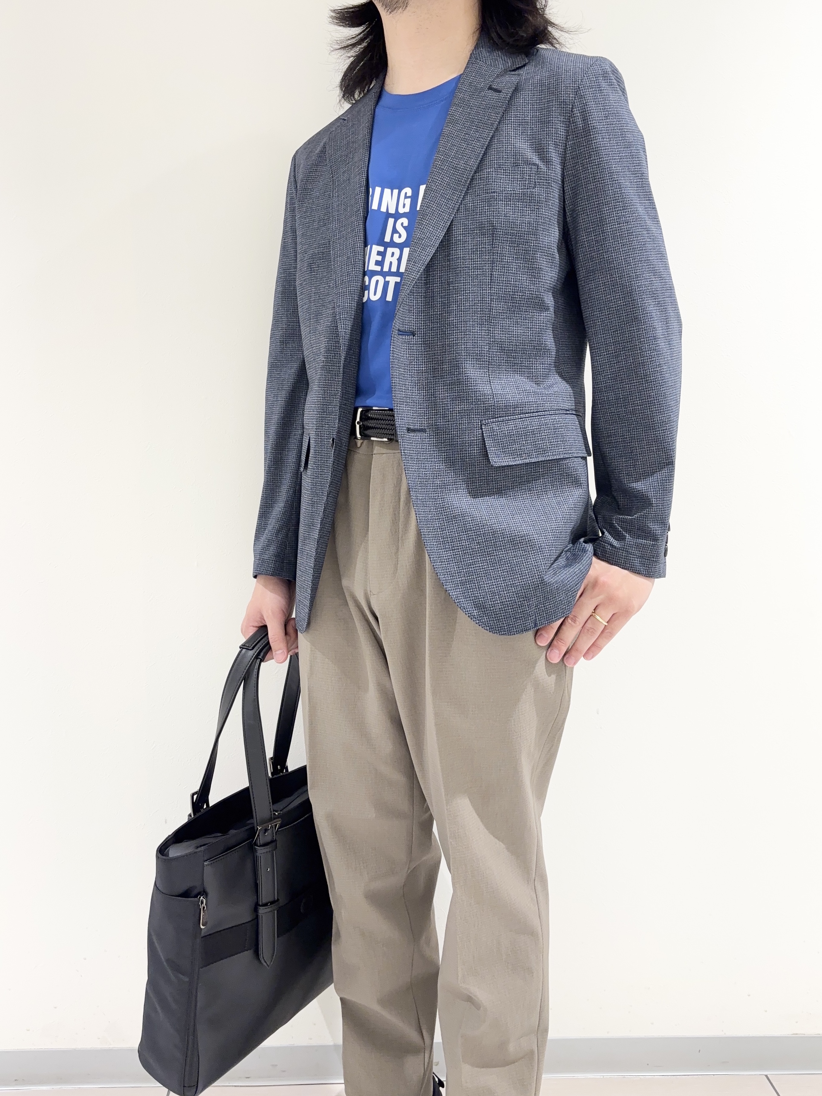 及川さんの「TAKEO KIKUCHI｜【通気性】ジャージ千鳥柄 ジャケット」を使ったコーディネート