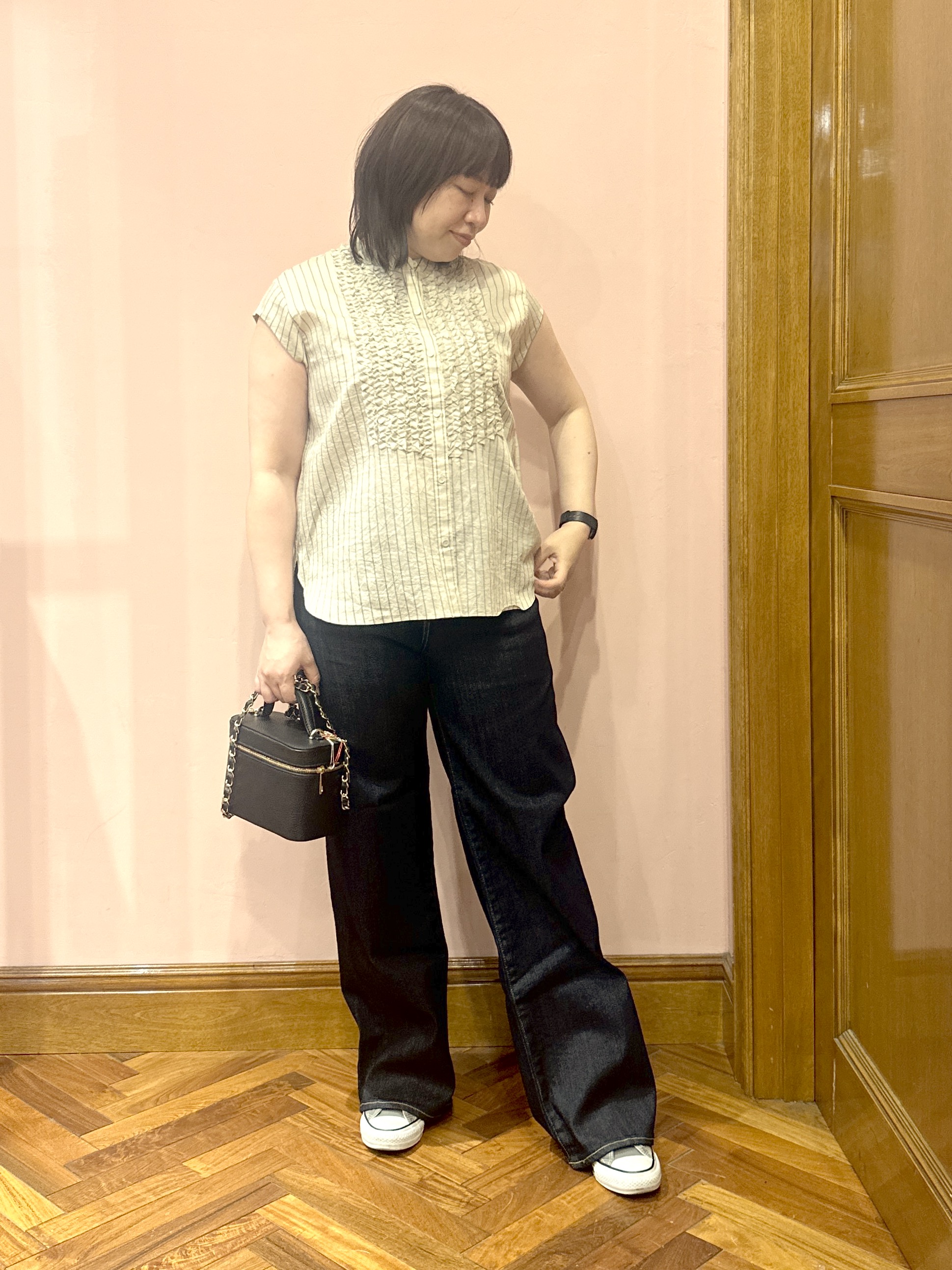 komatsuさんの「DRESSTERIOR｜ストライプフレンチスリーブフリルブラウス」を使ったコーディネート