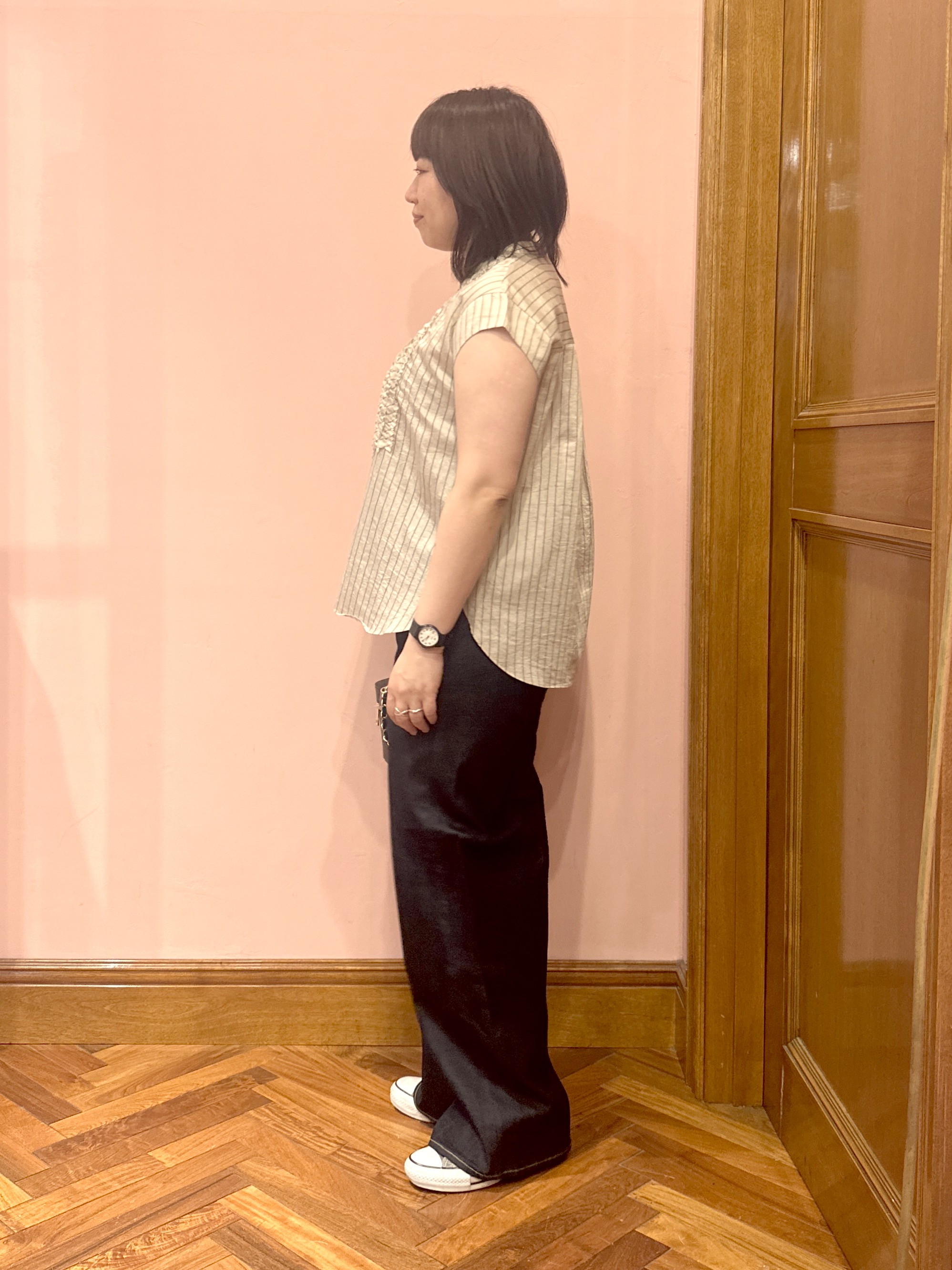 komatsuさんの「DRESSTERIOR｜ストライプフレンチスリーブフリルブラウス」を使ったコーディネート
