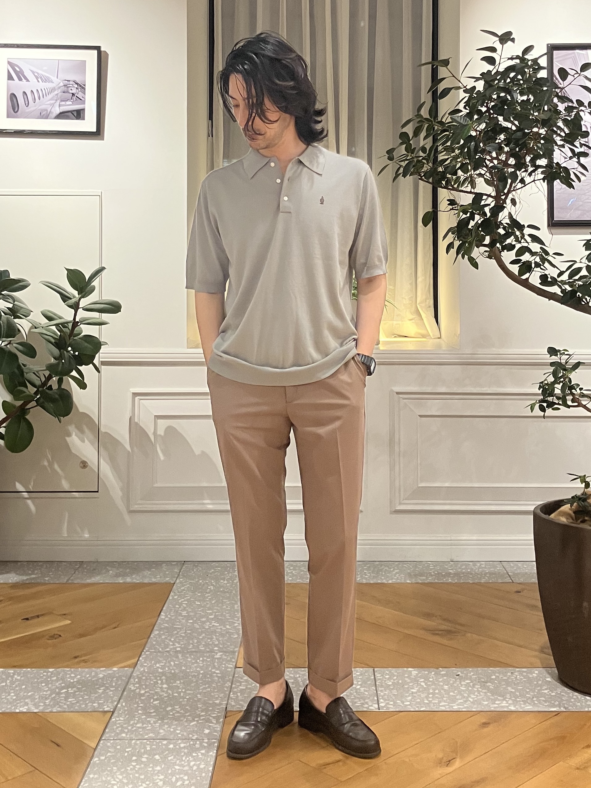 junyaさんの「DRESSTERIOR｜【ウォッシャブル】コットンシルク混 ニットポロシャツ」を使ったコーディネート