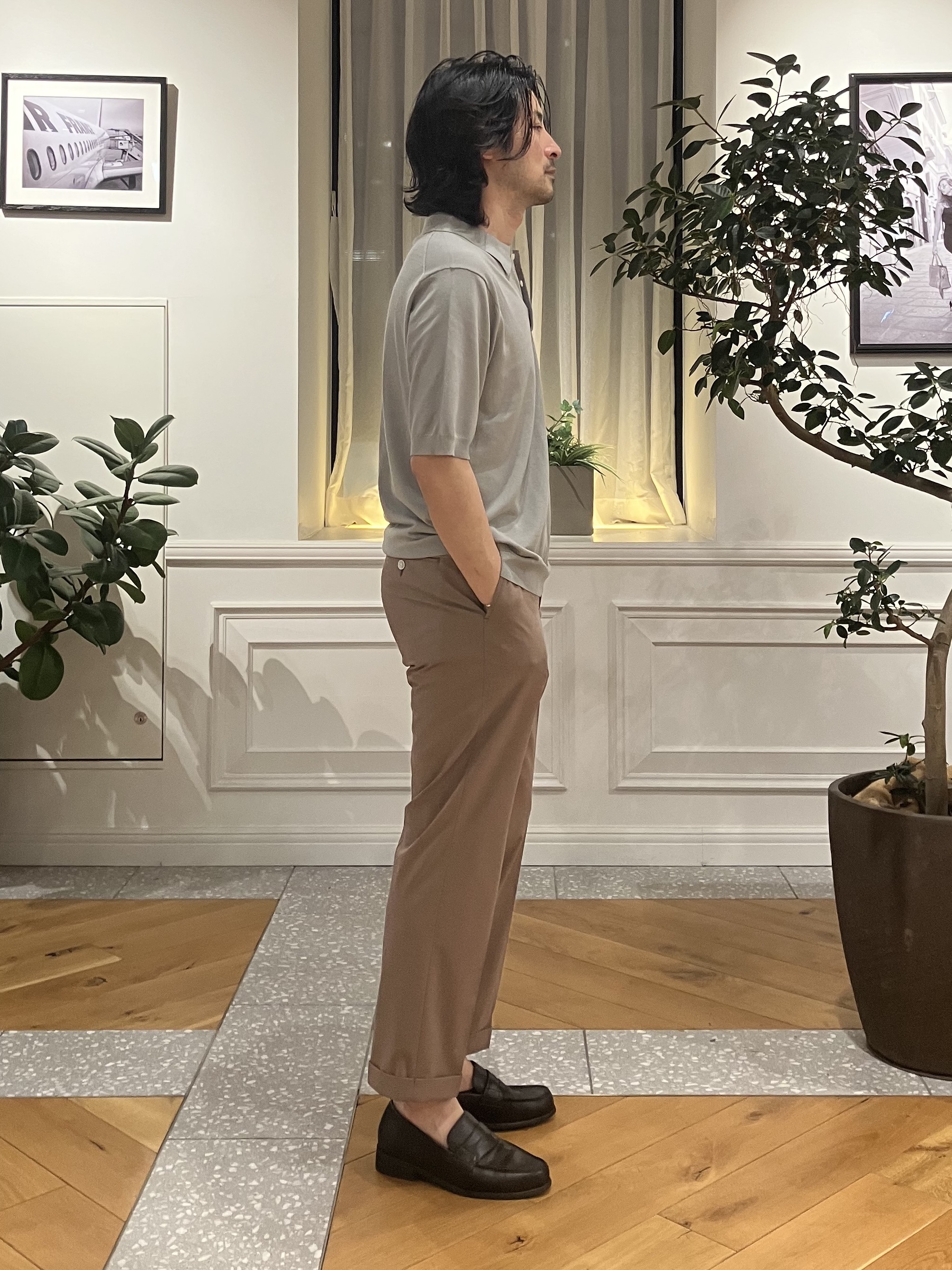 junyaさんの「DRESSTERIOR｜【ウォッシャブル】コットンシルク混 ニットポロシャツ」を使ったコーディネート