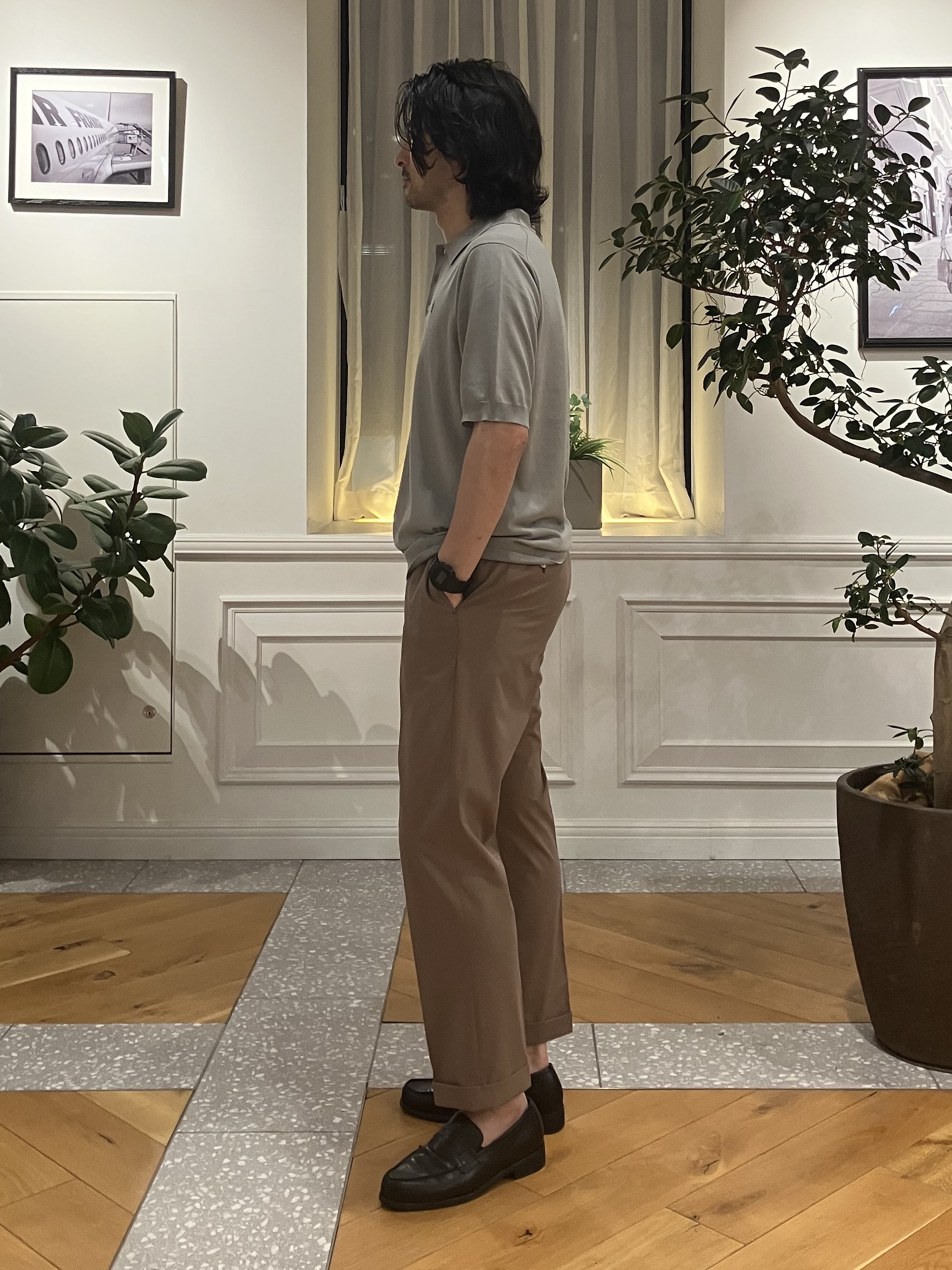 junyaさんの「DRESSTERIOR｜【ウォッシャブル】コットンシルク混 ニットポロシャツ」を使ったコーディネート