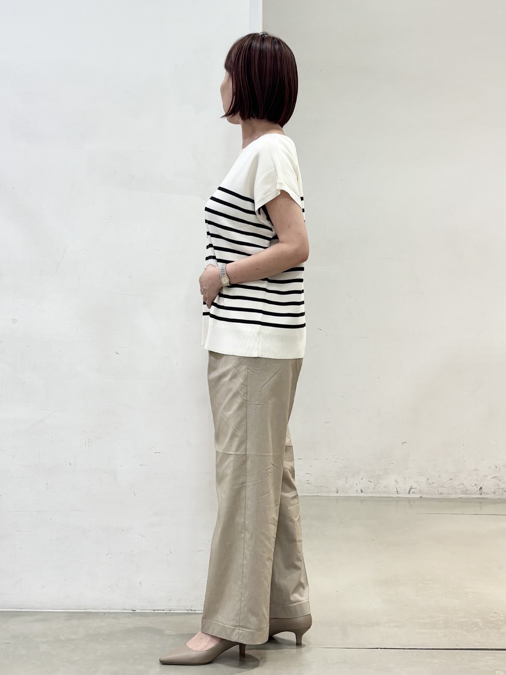 fujiさんの「THE SHOP TK｜【S-XL/ひんやりタッチ】多機能フレンチスリーブニット 洗濯機OK/UVケア/毛玉になりにくい」を使ったコーディネート
