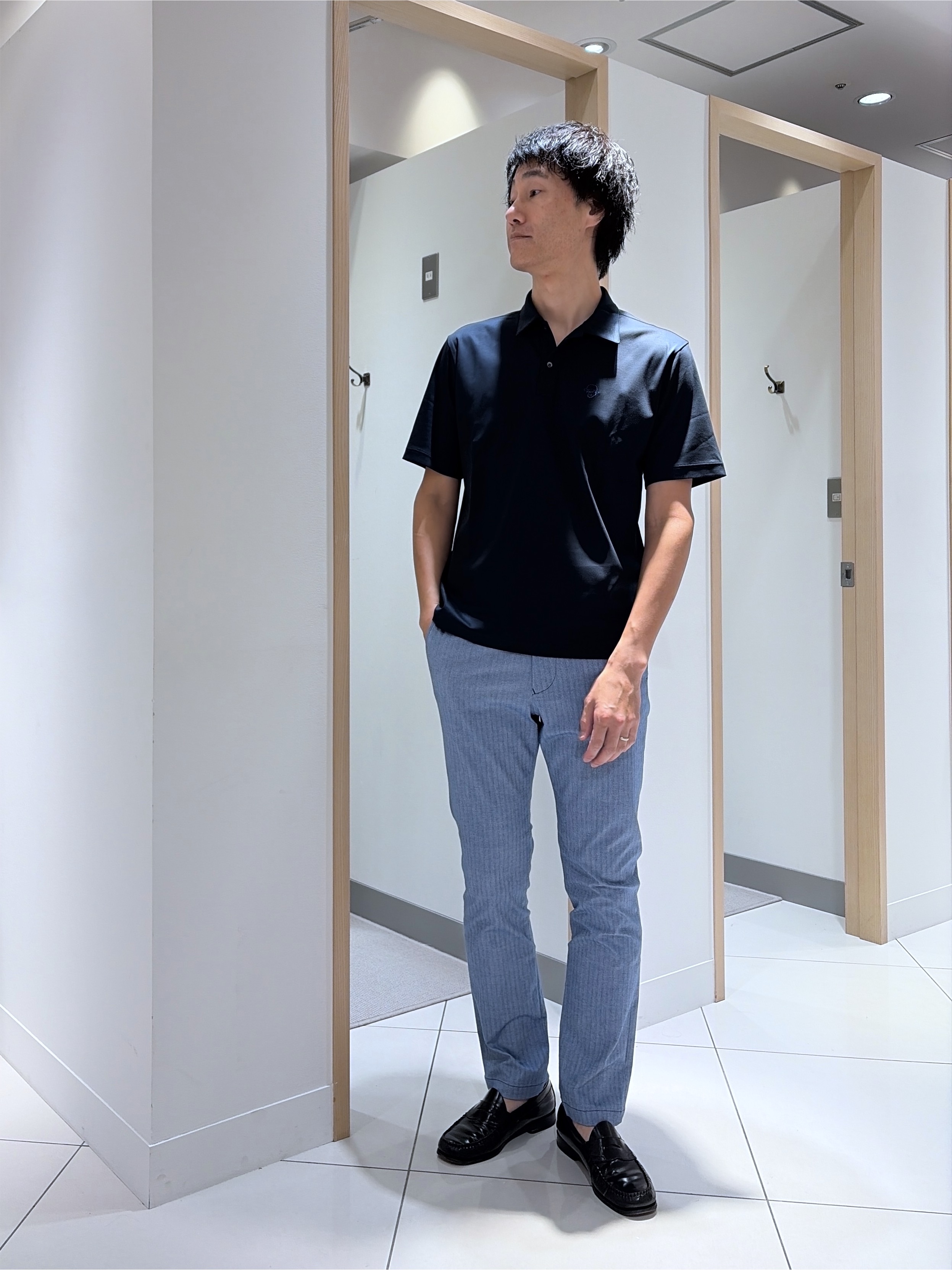 mutoさんの「TAKEO KIKUCHI｜【接触冷感】アイスクリアコットン ワンポイント ポロシャツ」を使ったコーディネート
