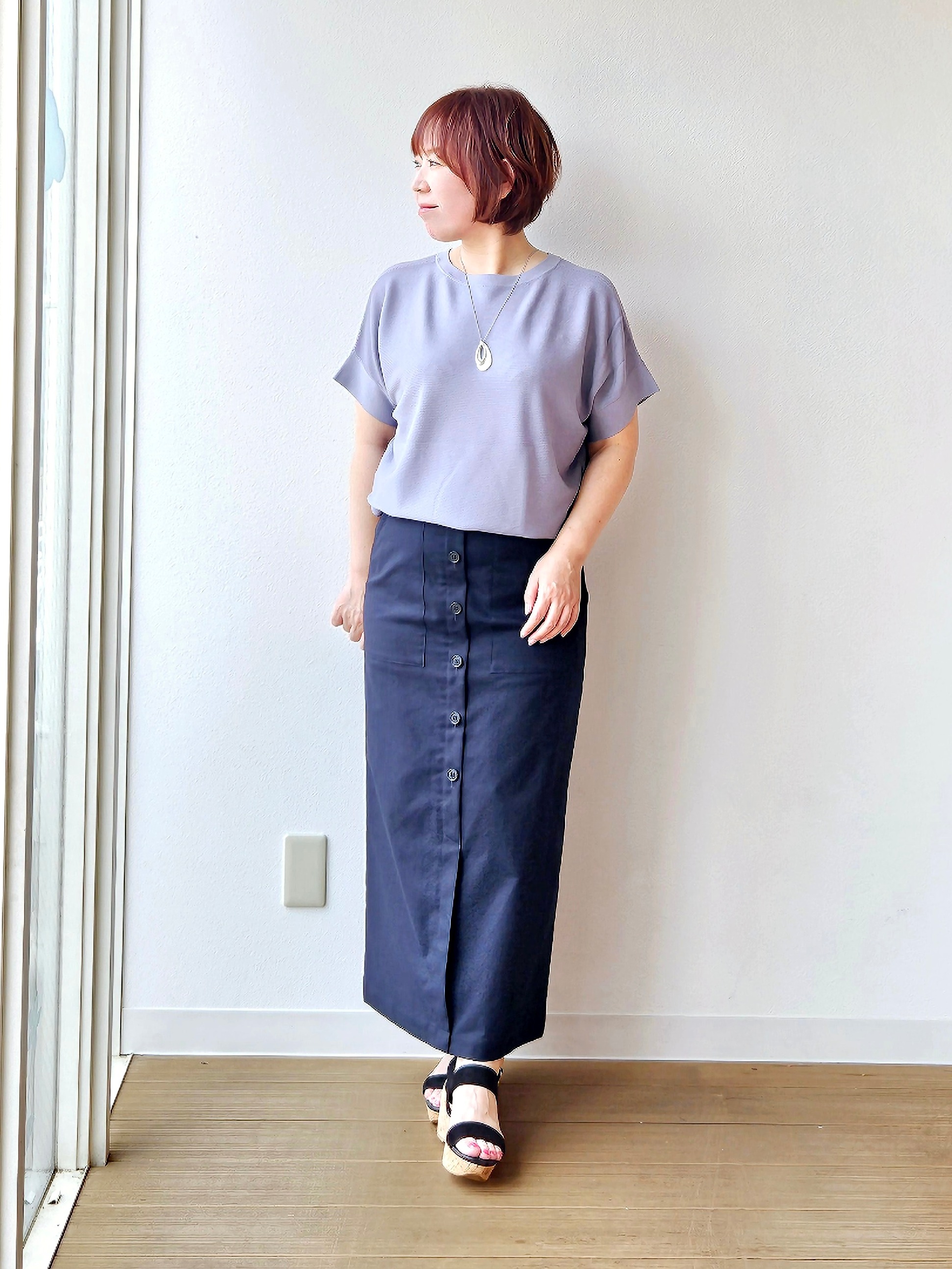 やじまさんの「UNTITLED｜【11色展開/体型カバー】前後2WAYフレンチスリーブニット」を使ったコーディネート