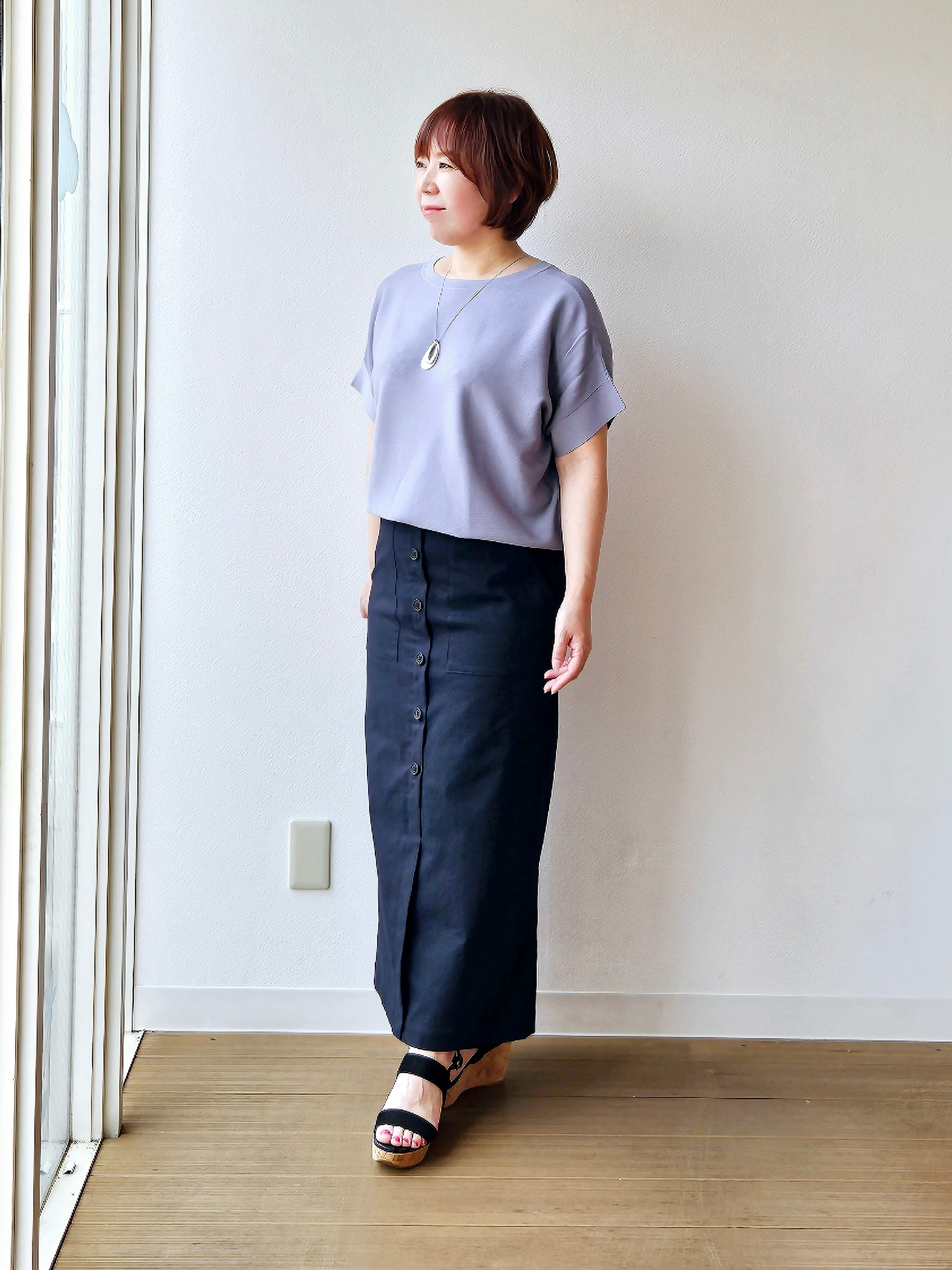 やじまさんの「UNTITLED｜【11色展開/体型カバー】前後2WAYフレンチスリーブニット」を使ったコーディネート