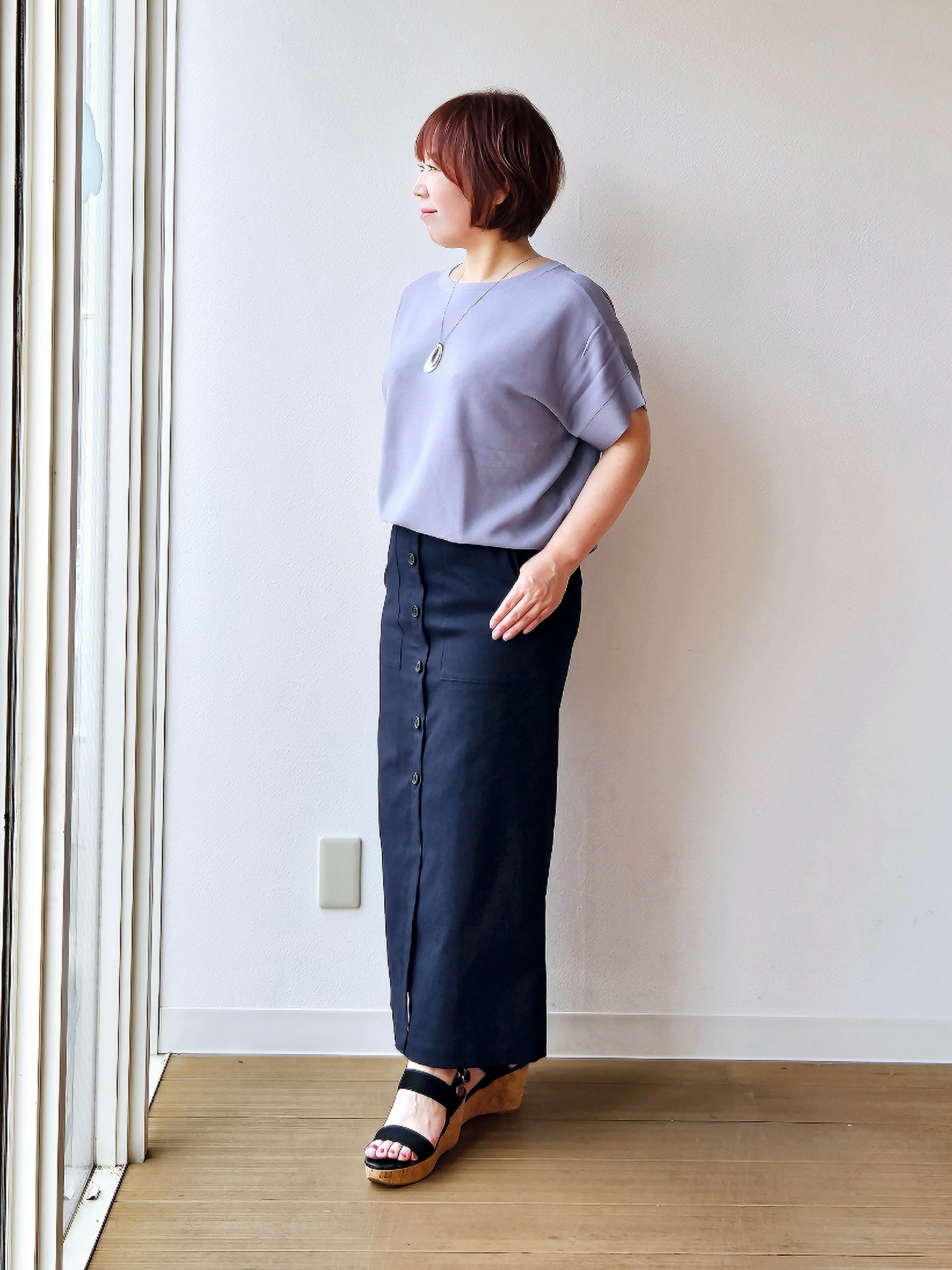 やじまさんの「UNTITLED｜【11色展開/体型カバー】前後2WAYフレンチスリーブニット」を使ったコーディネート