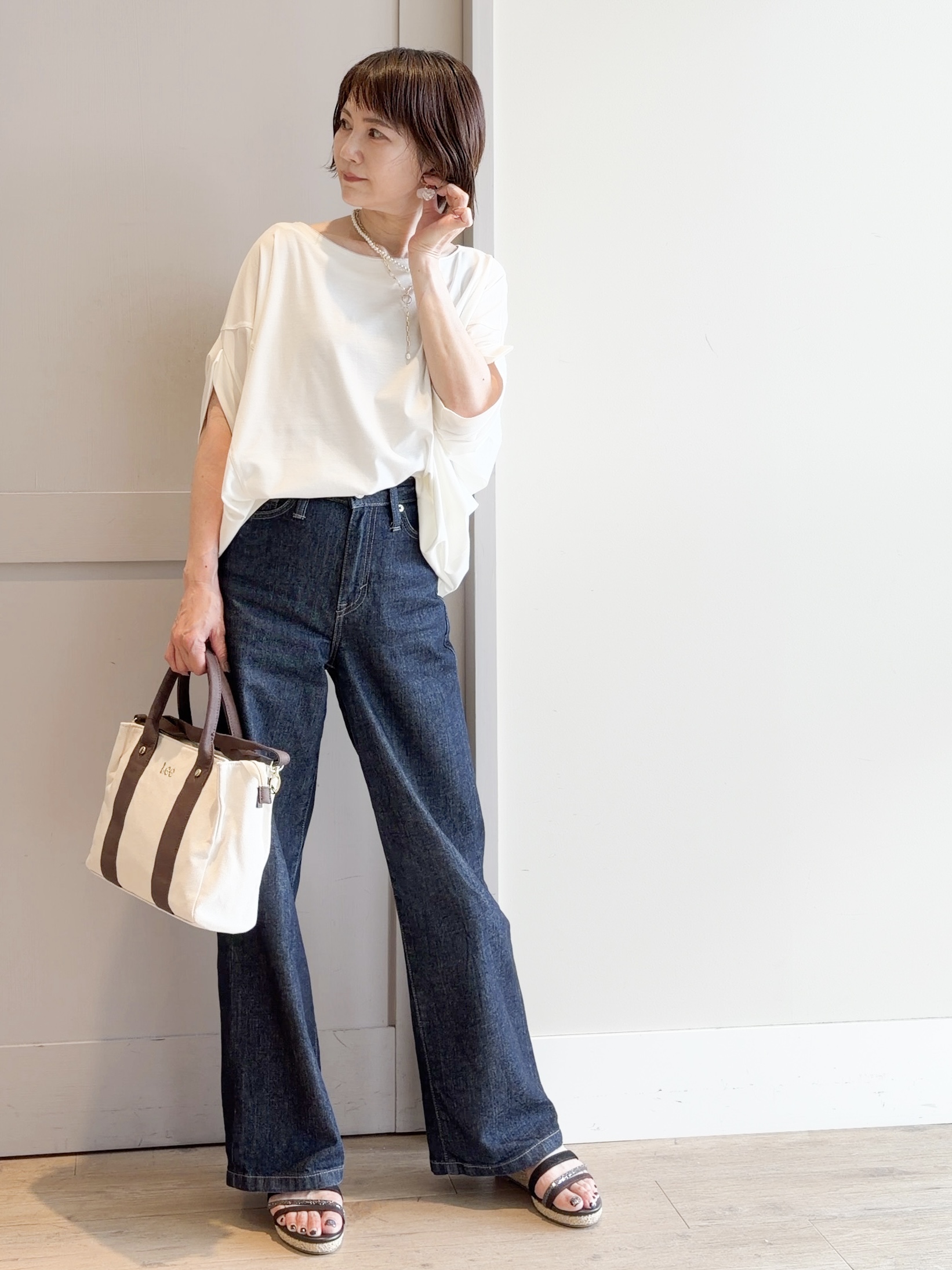 yamakoさんの「grove｜【持続冷感・体型カバー】サテンパイピングドルマンカットソー」を使ったコーディネート