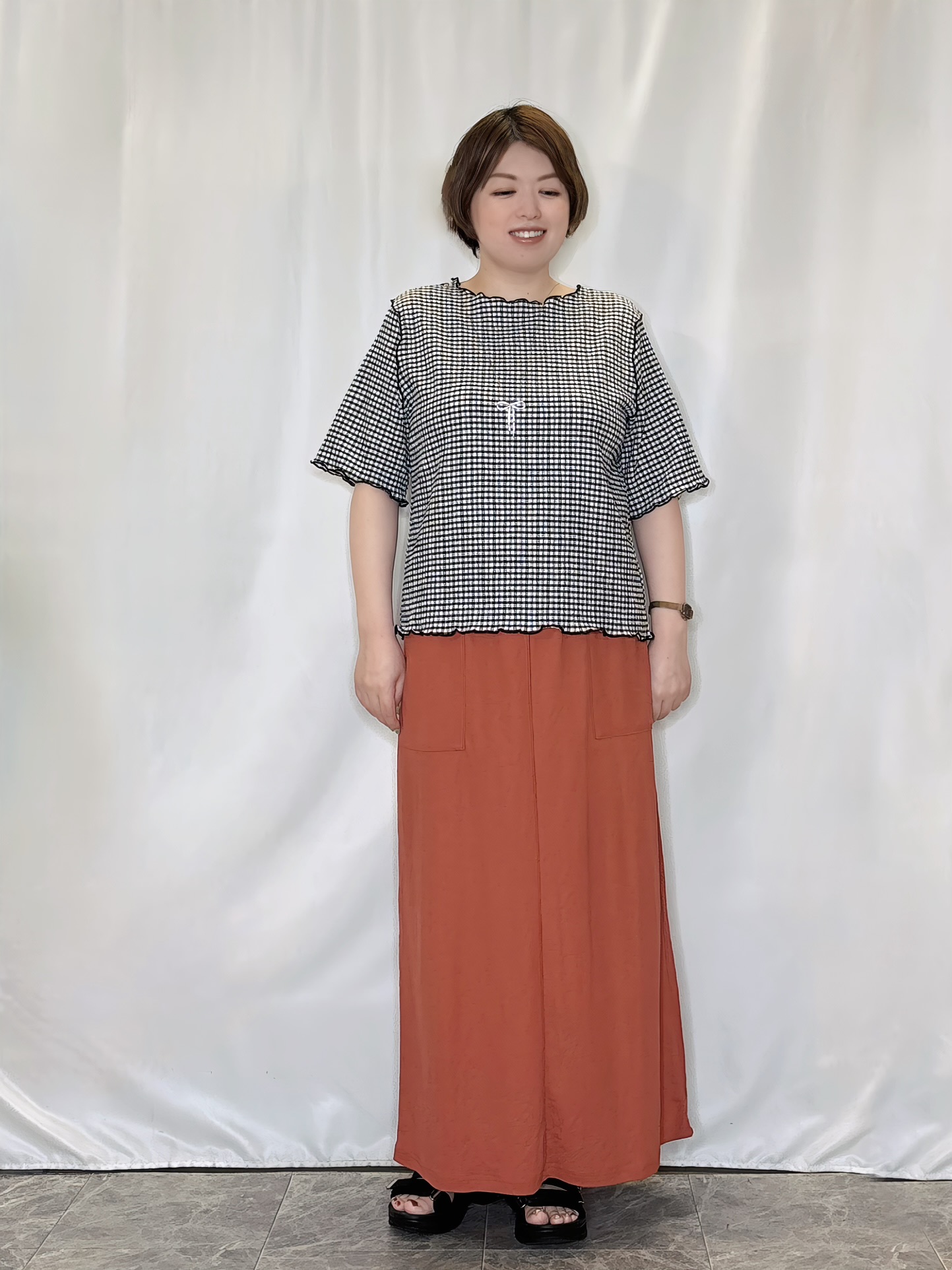たみさんの「SHOO･LA･RUE｜カット楊柳ギンガムメローT」を使ったコーディネート