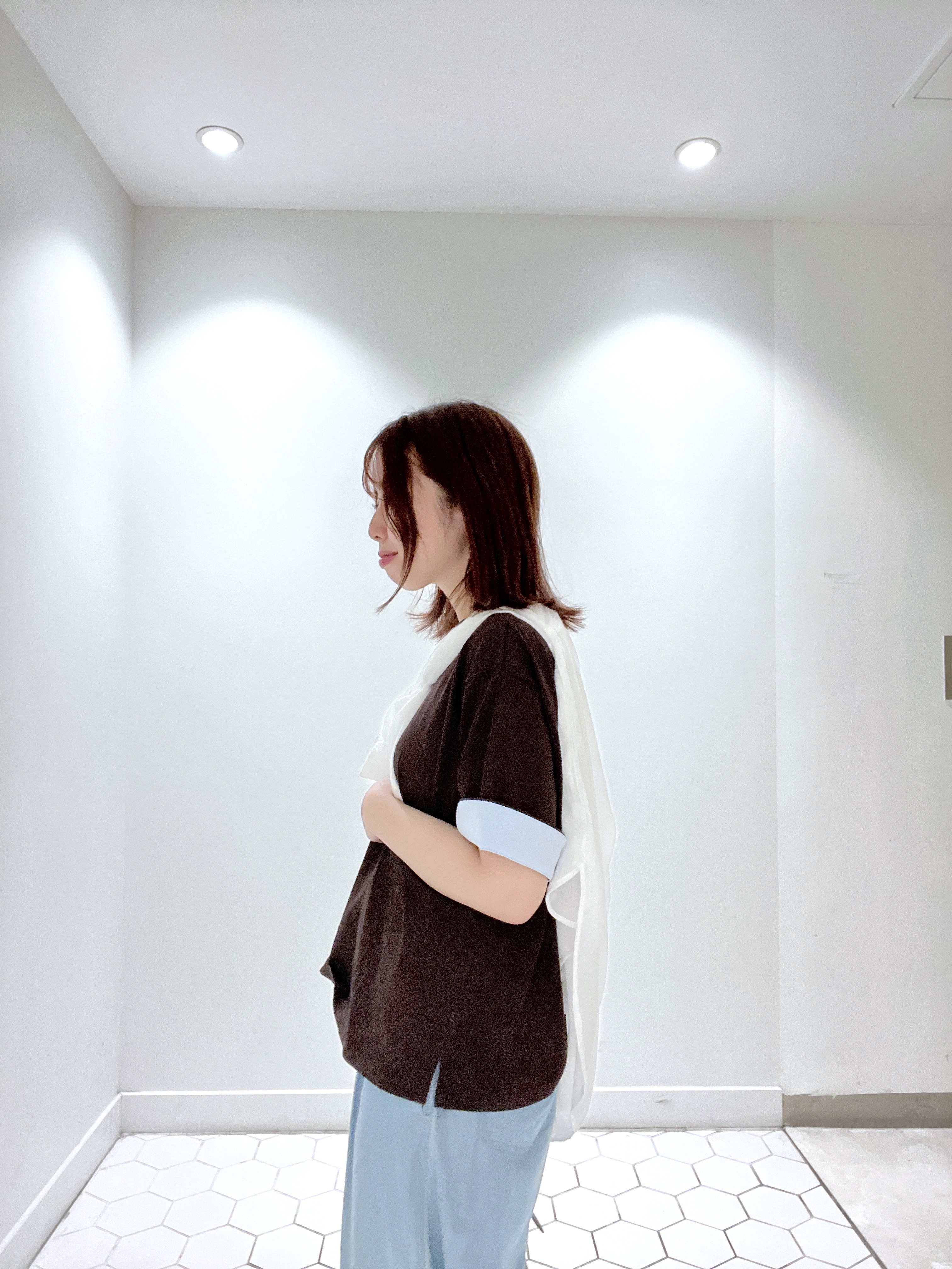 Makinoさんの「Dessin｜【汗シミ防止/UVカット】配色スリーブ 五分袖プルオーバー」を使ったコーディネート