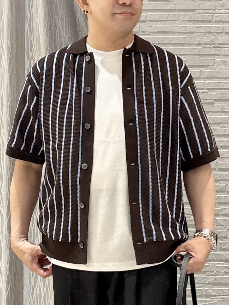 Pーyamaさんの「THE SHOP TK｜【マシンウォッシャブル】ニットストライプ半袖シャツ」を使ったコーディネート