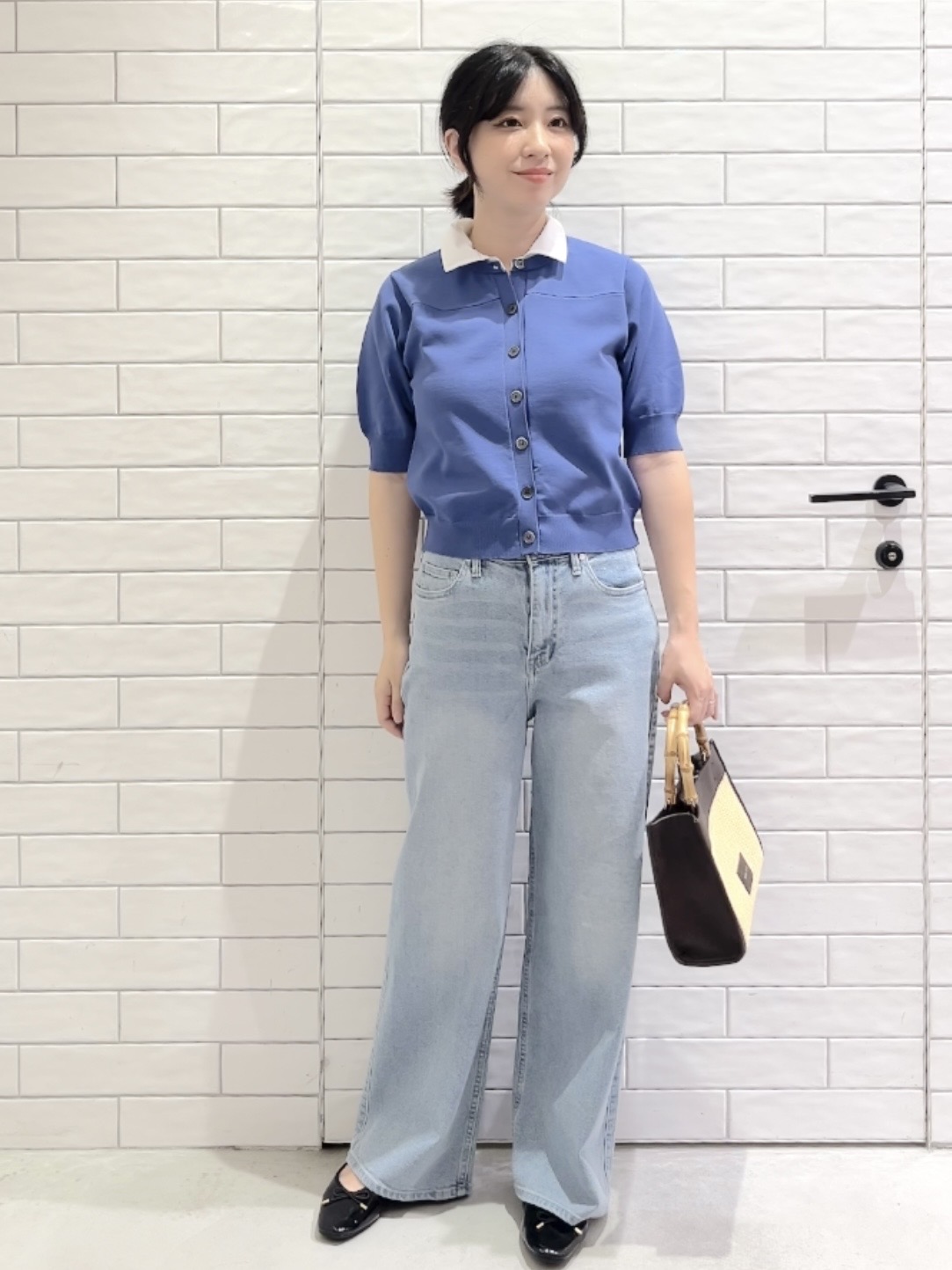 しおりさんの「OPAQUE.CLIP｜フォルムスリーブ ドッキングポロ衿ニット【洗濯機OK】」を使ったコーディネート