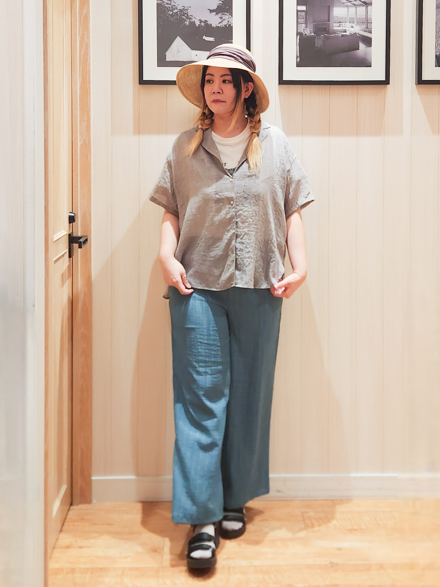 れーやんさんの「SHOO･LA･RUE｜【S-LL】ナチュラルに決まる 半袖シアーシャツジャケット」を使ったコーディネート