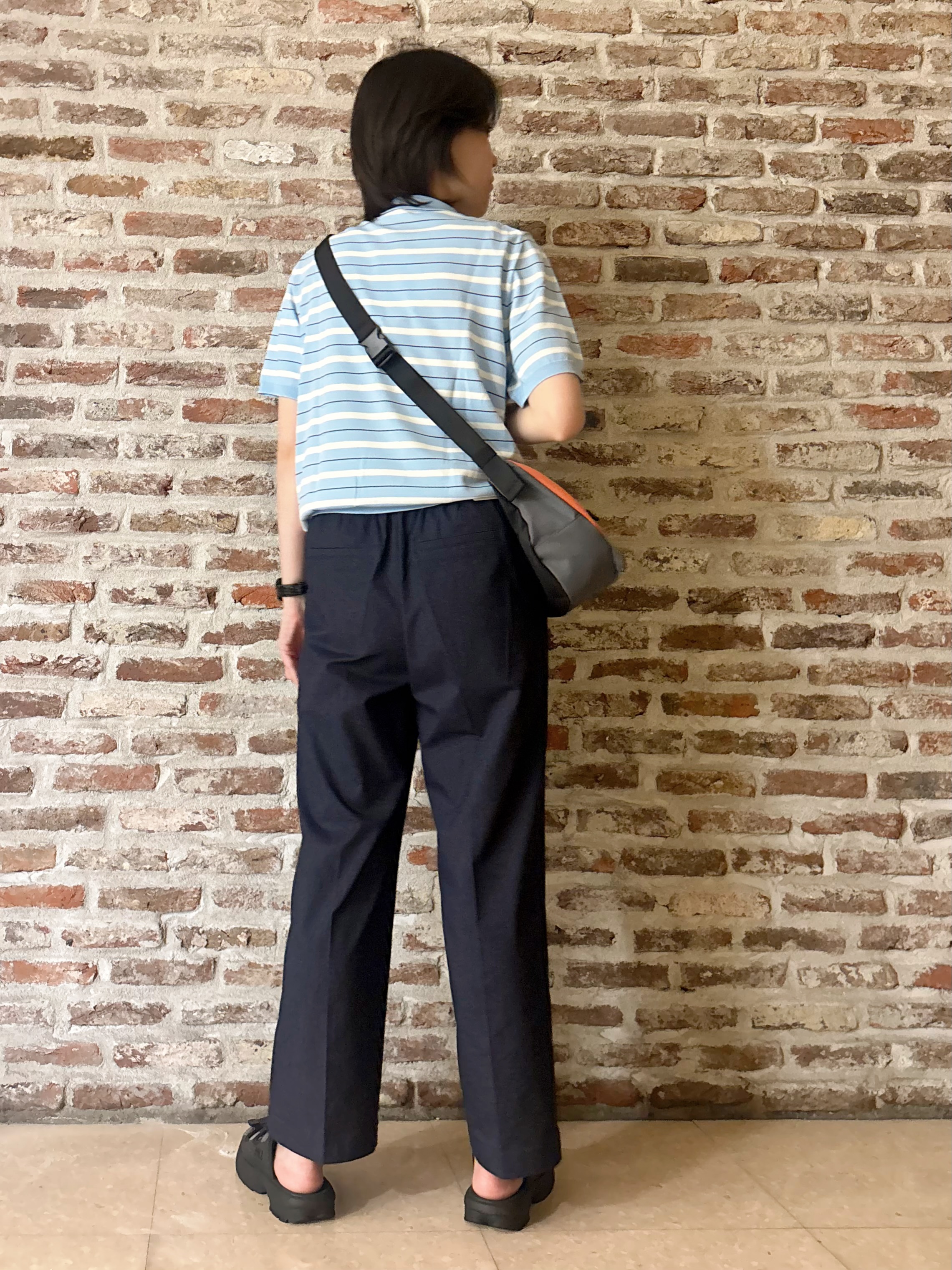 しばさんの「THE SHOP TK｜【ひんやり/アンチピリング/UV】1枚で主役になる ボーダーポロニット」を使ったコーディネート